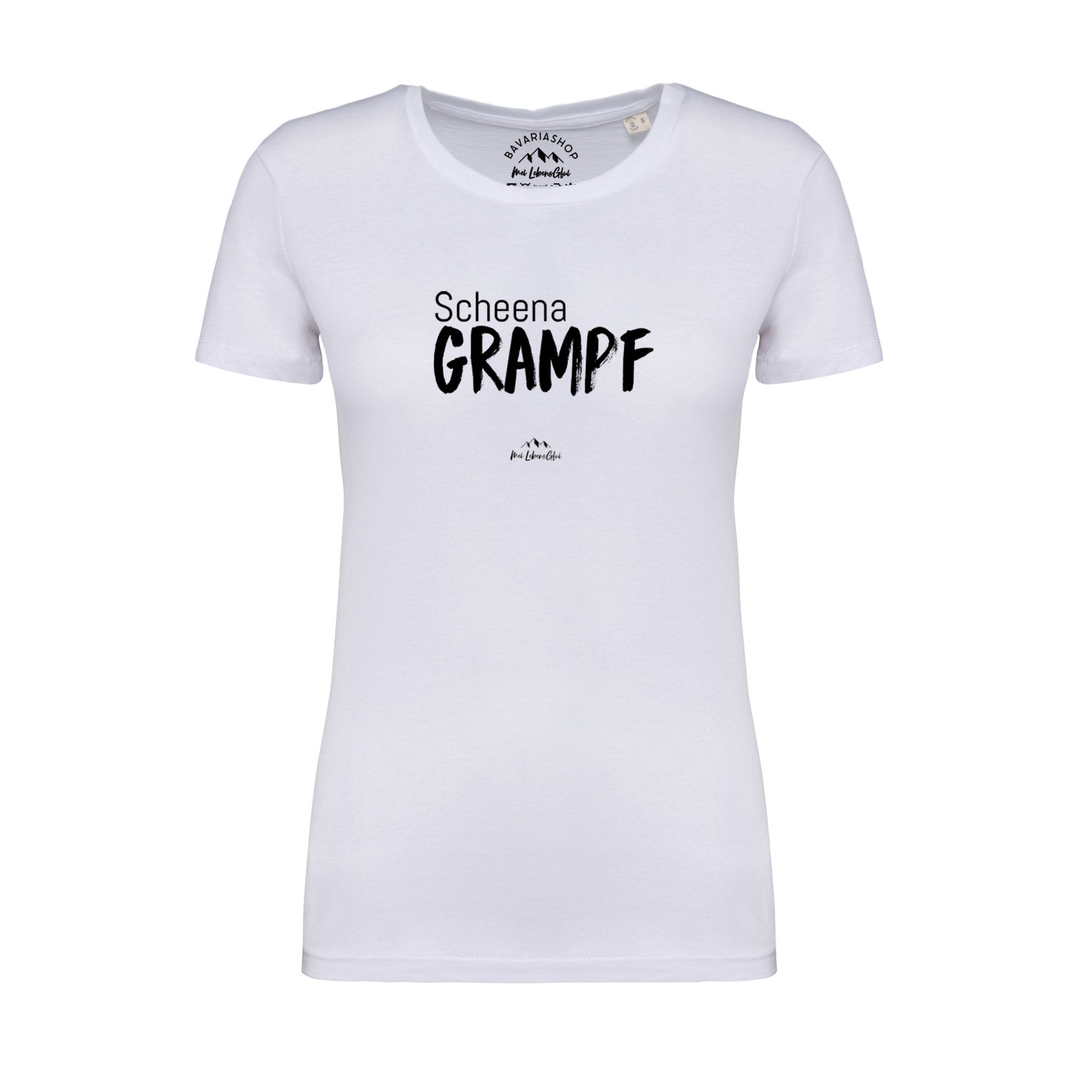 Damen T-Shirt mit Aufdruck "Scheena Grampf", runder Halsausschnitt, kurzärmelig, 100 % Bio-Baumwolle, weiß.