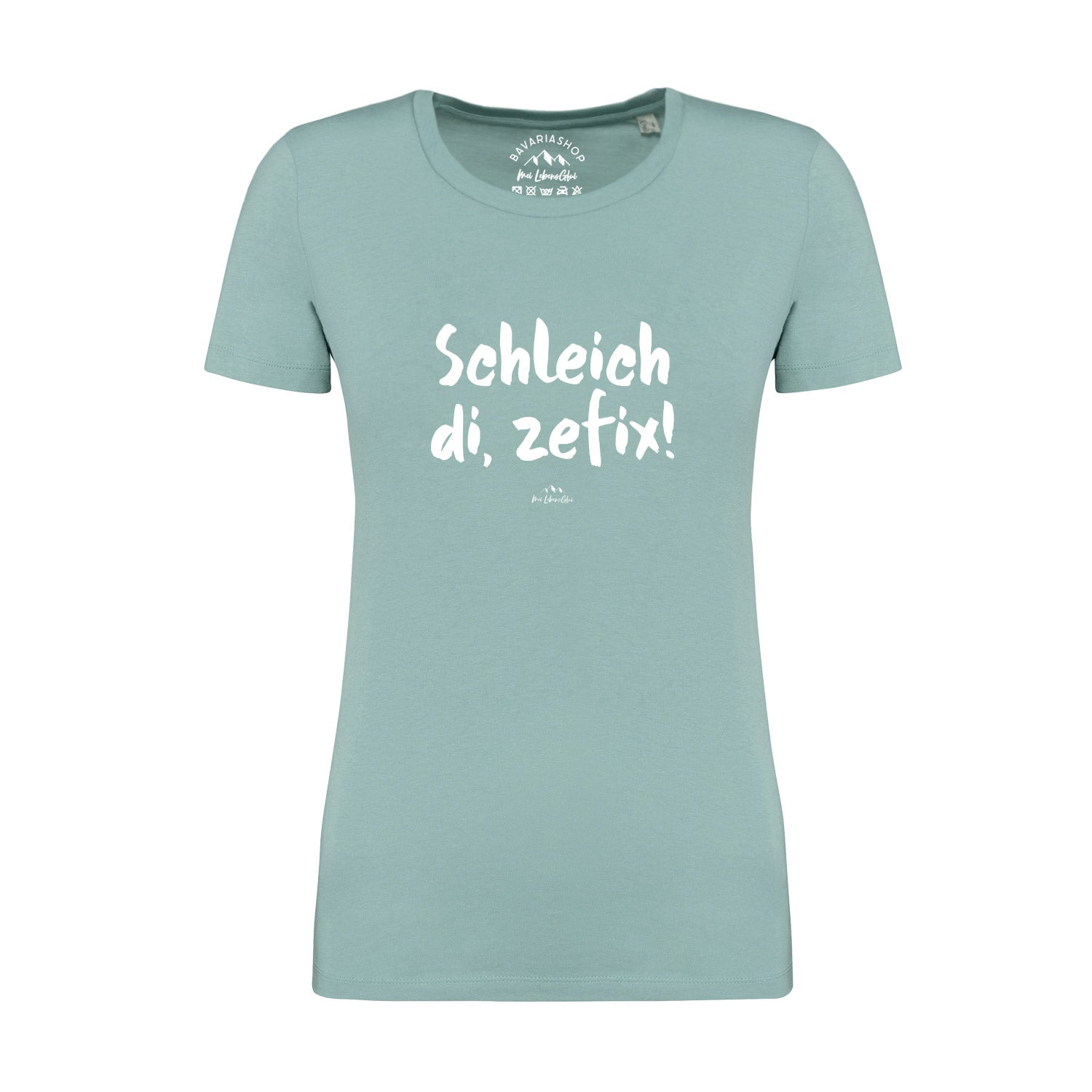 Pastellgrünes Damen T-Shirt mit schwarzem Schriftzug „Schleich di, zefix!“, gerader Schnitt, Bio-Baumwolle.