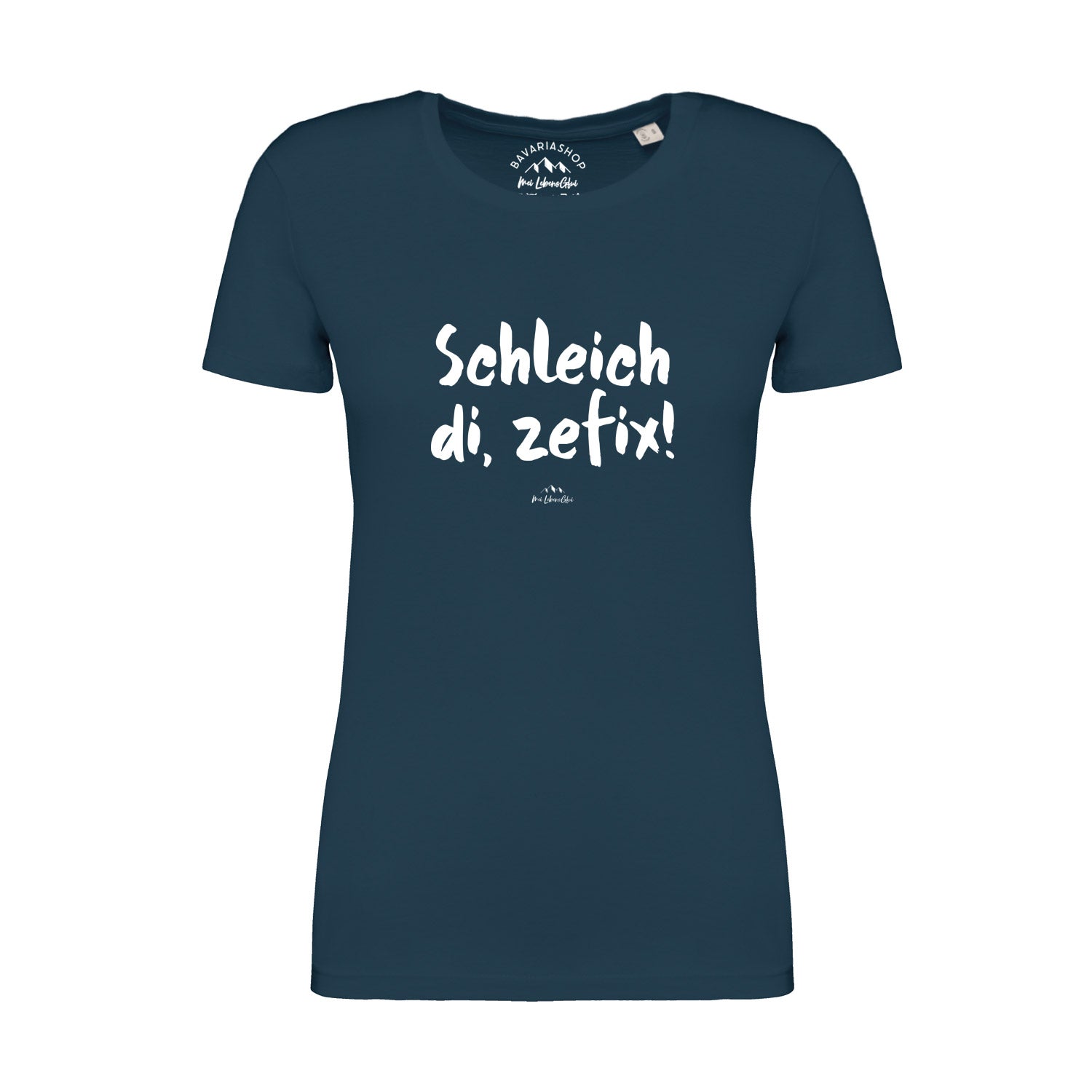 Pfauenblaues Damen-T-Shirt mit weißem Frontprint „Schleich di, zefix!“, Rundhalsausschnitt, Bio-Baumwolle.