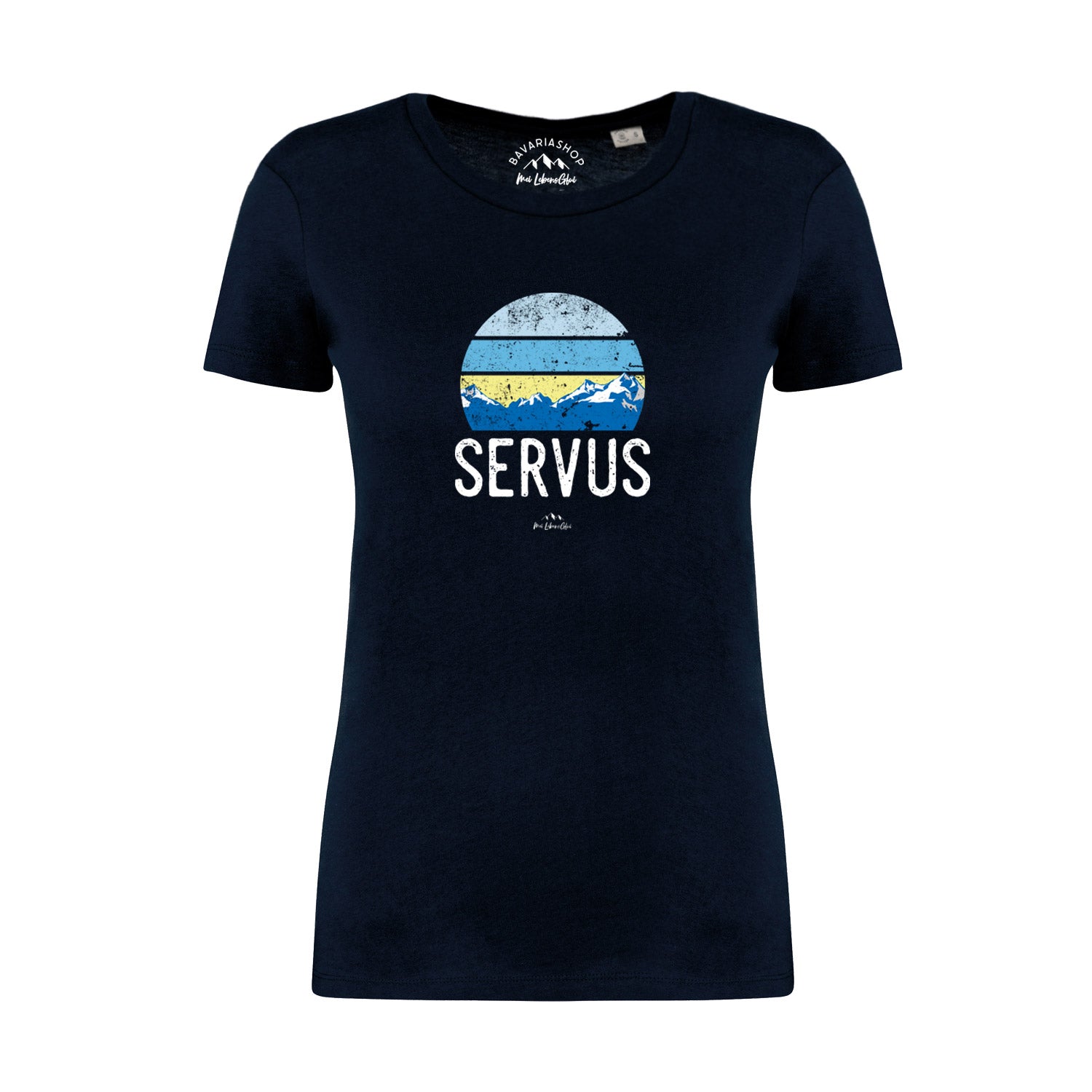 Dunkelblaues Damen-T-Shirt mit weißem „Servus“-Schriftzug, Rundhalsausschnitt, 100 % Bio-Baumwolle, kurzarm.