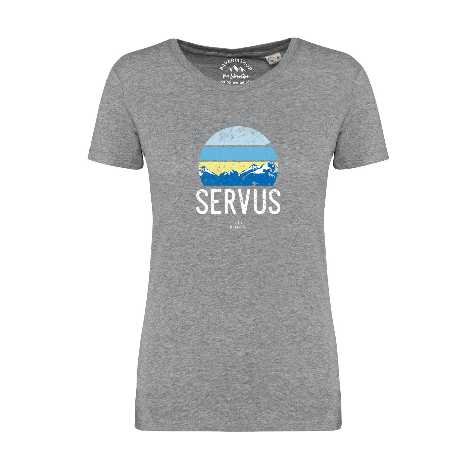 Graumeliertes Damen T-Shirt mit weißem „Servus“-Schriftzug auf der Brust aus 100 % Bio-Baumwolle.