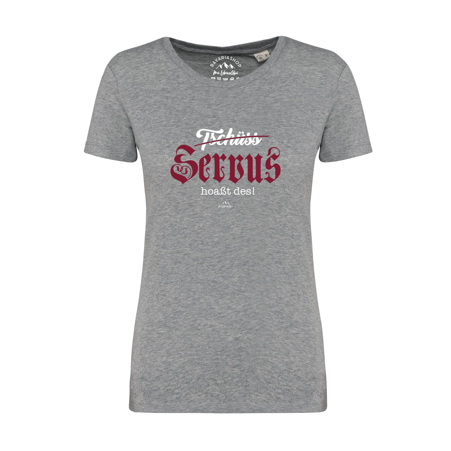 Graumeliertes Damen-T-Shirt mit weißem Schriftzug „Servus hoaßt des“, Rundhalsausschnitt, aus Bio-Baumwolle.