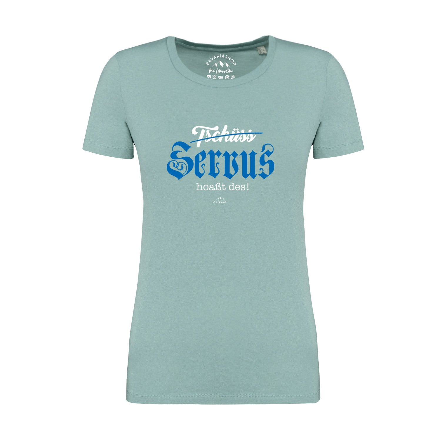 Damen T-Shirt in Pastellgrün mit bayerischem Schriftzug „Servus hoaßt des“, aus 100 % Bio-Baumwolle gefertigt.