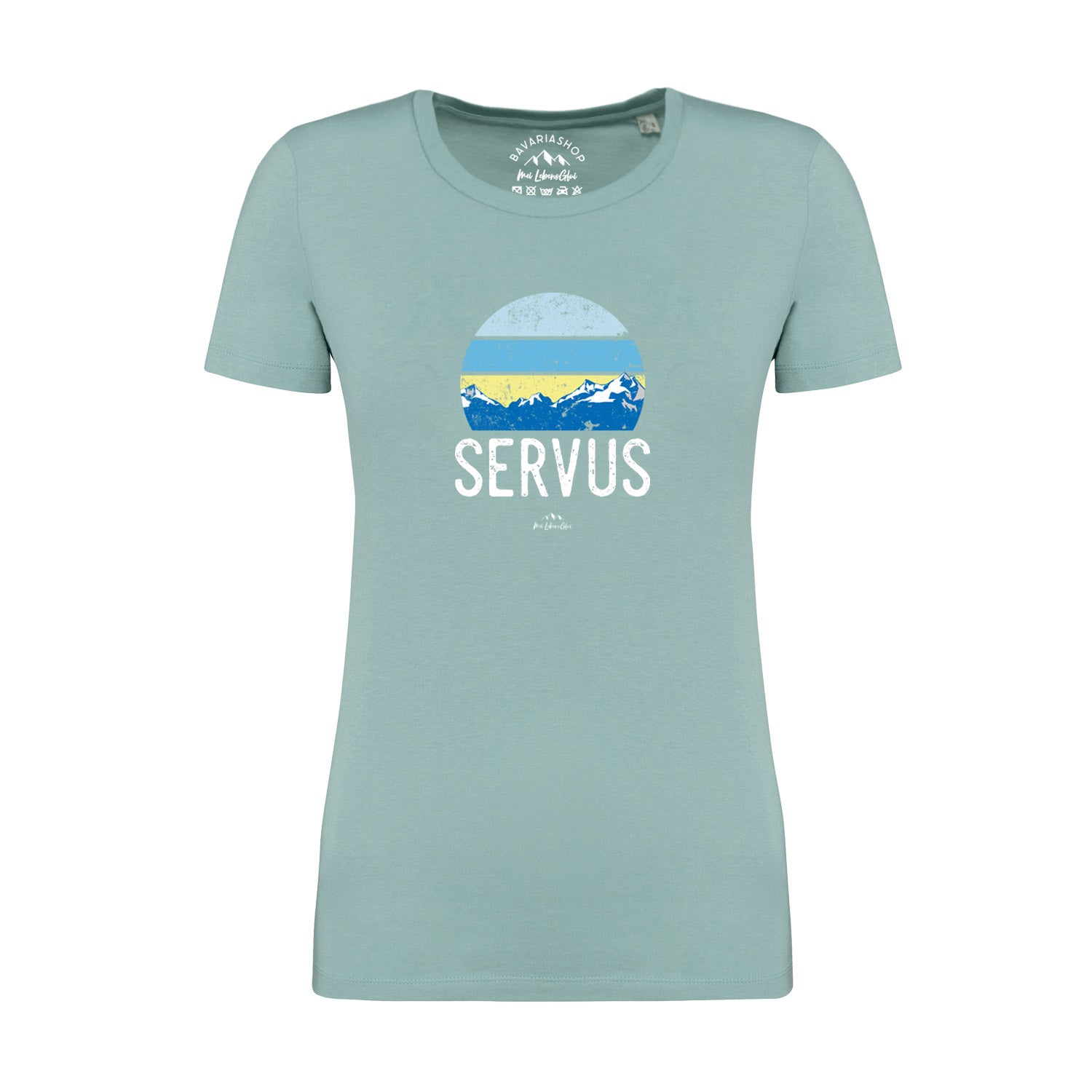 Pastellgrünes Damen-T-Shirt mit weißem „Servus“-Schriftzug, Rundhalsausschnitt, aus 100 % Bio-Baumwolle.