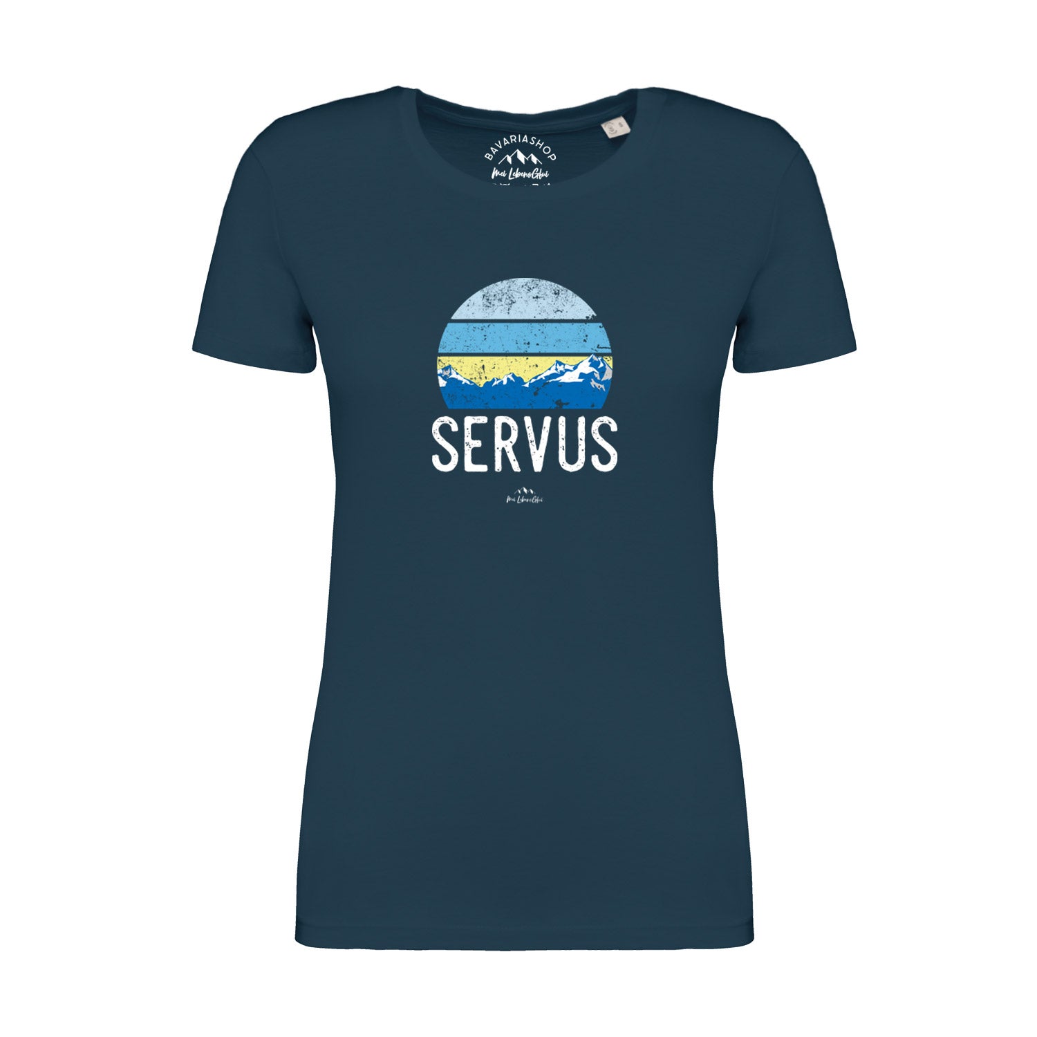 Pfauenblaues Damen-T-Shirt mit weißem „Servus“-Schriftzug, kurzärmelig, aus 100 % Bio-Baumwolle.
