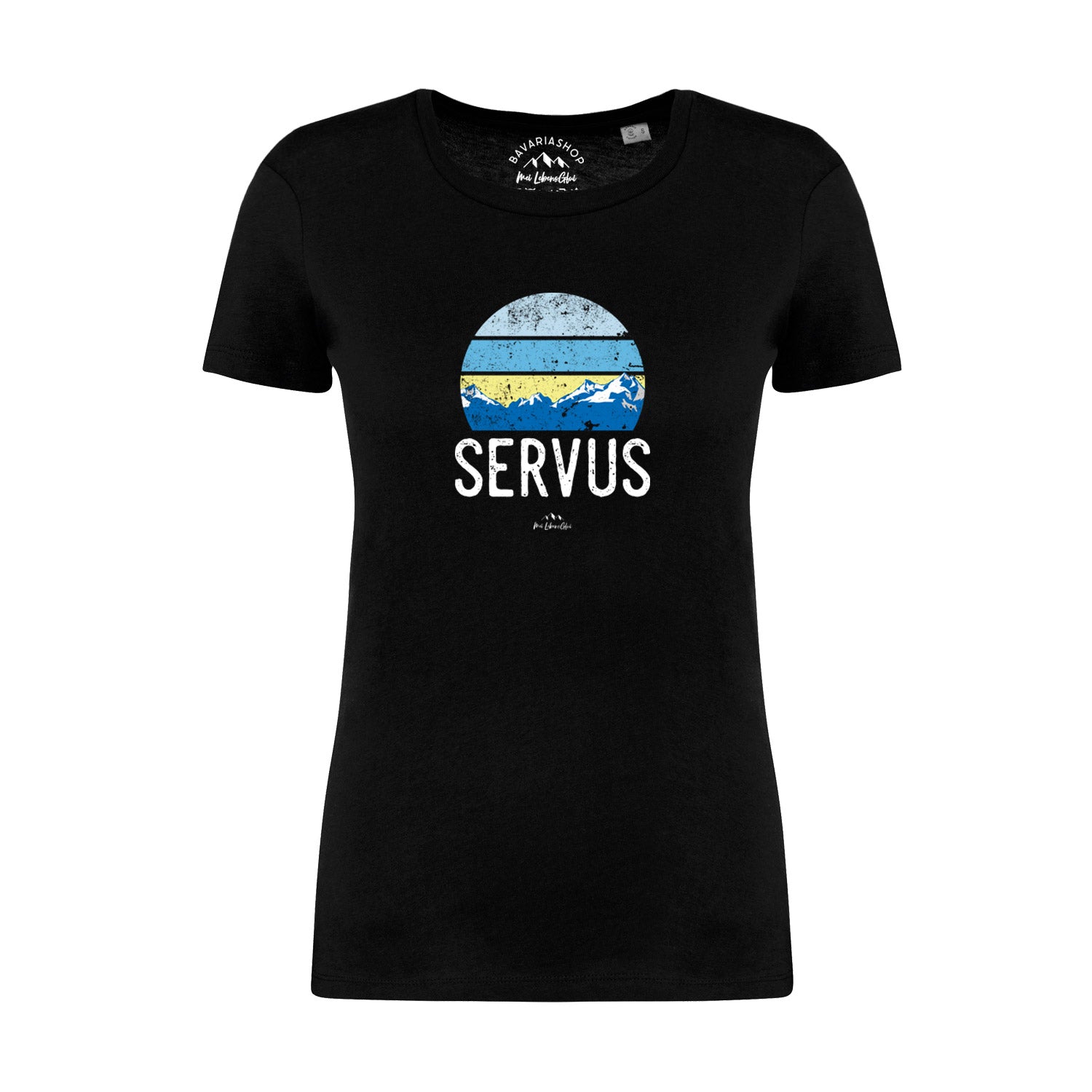 Schwarzes Damen-T-Shirt mit weißem "Servus"-Schriftzug, klassischer Schnitt, aus 100 % Bio-Baumwolle.