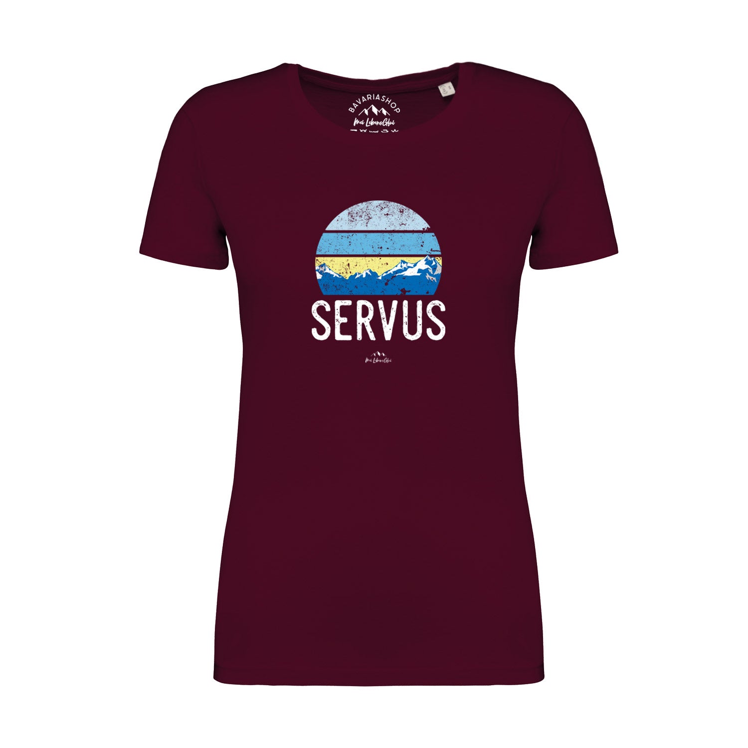 Weinrotes Damen-T-Shirt mit weißem „Servus“-Schriftzug, kurzärmelig, aus 100 % Bio-Baumwolle.