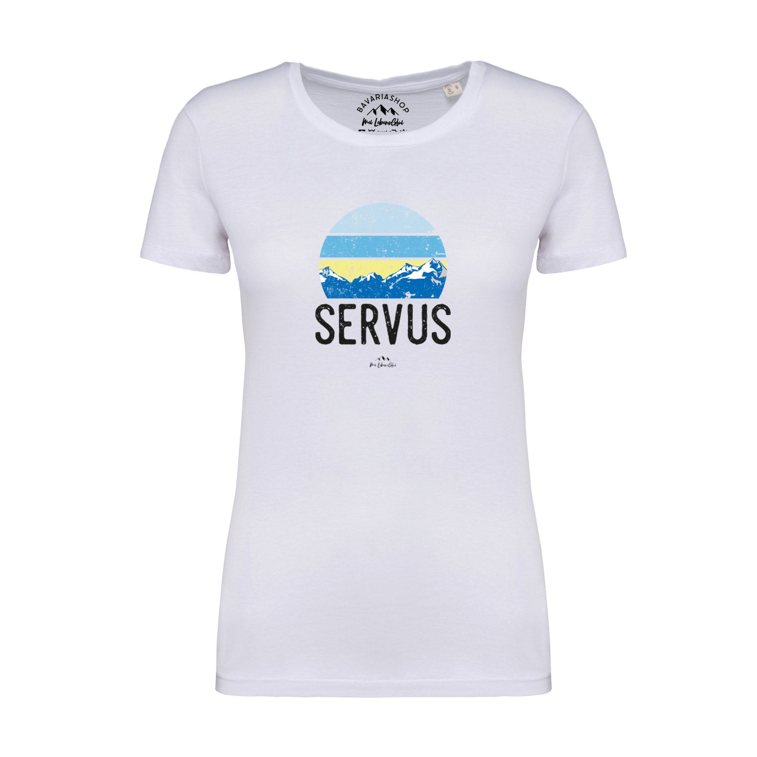 Weißes Damen-T-Shirt mit schwarzem „Servus“-Schriftzug, Rundhalsausschnitt, aus 100 % Bio-Baumwolle.