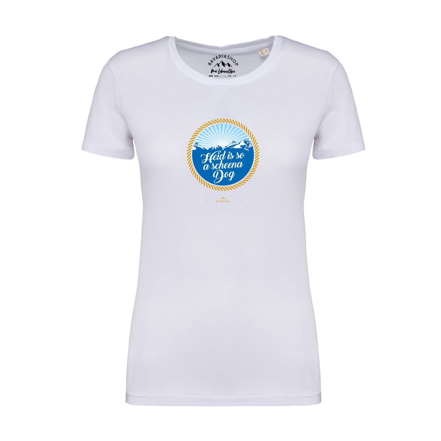 Weißes Damen-T-Shirt mit bayerischem Schriftzug „So a scheena Dog“, Rundhals, aus 100 % Bio-Baumwolle.