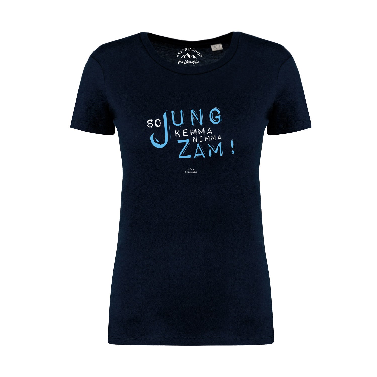 Dunkelblaues Damen-T-Shirt mit weißem Frontprint „So jung kemma nimma zamm“, kurzärmelig, 100 % Bio-Baumwolle.
