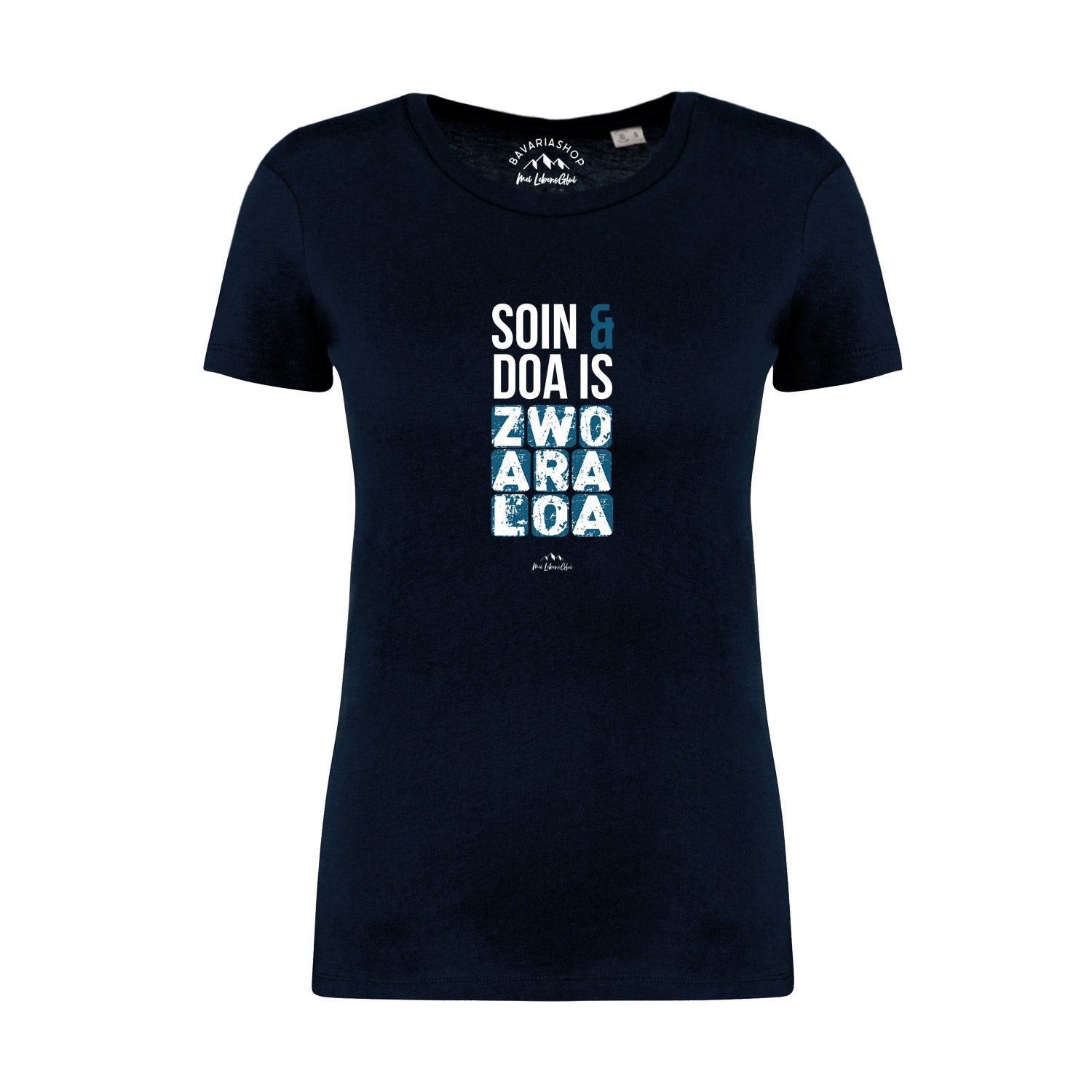 Dunkelblaues Damen-T-Shirt mit weißem „Soin und doa“-Schriftzug, aus 100 % Bio-Baumwolle, klassischer Schnitt.