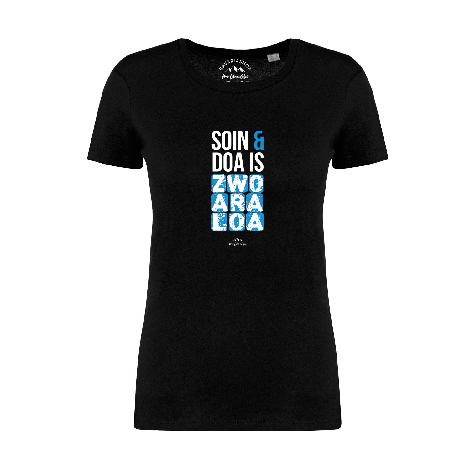 Schwarzes Damen-T-Shirt aus Bio-Baumwolle mit weißem Aufdruck „Soin und doa“, Rundhalsausschnitt, taillierte Passform.