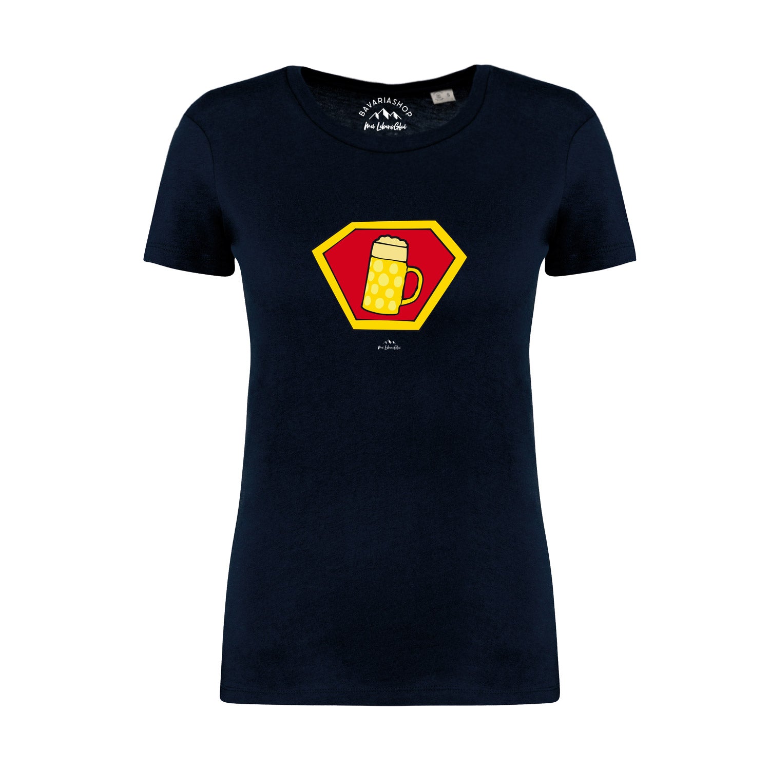 Dunkelblaues Damen T-Shirt mit weißem "Super-Bierkrug"-Aufdruck, Bio-Baumwolle, bayerisches Mundart-Motiv.