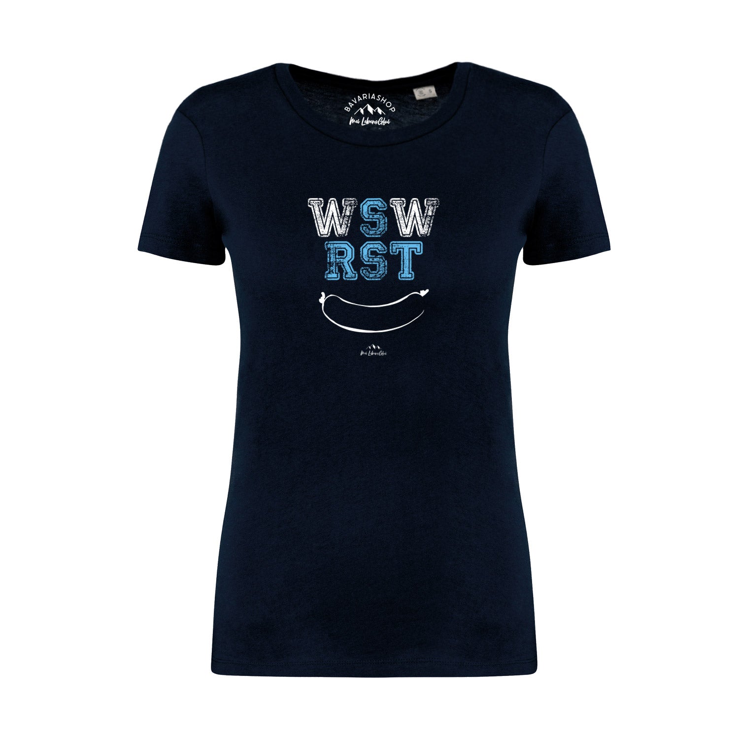 Dunkelblaues Damen-T-Shirt mit weißem „WSWRST“-Schriftzug aus 100 % Bio-Baumwolle in klassischer Passform.