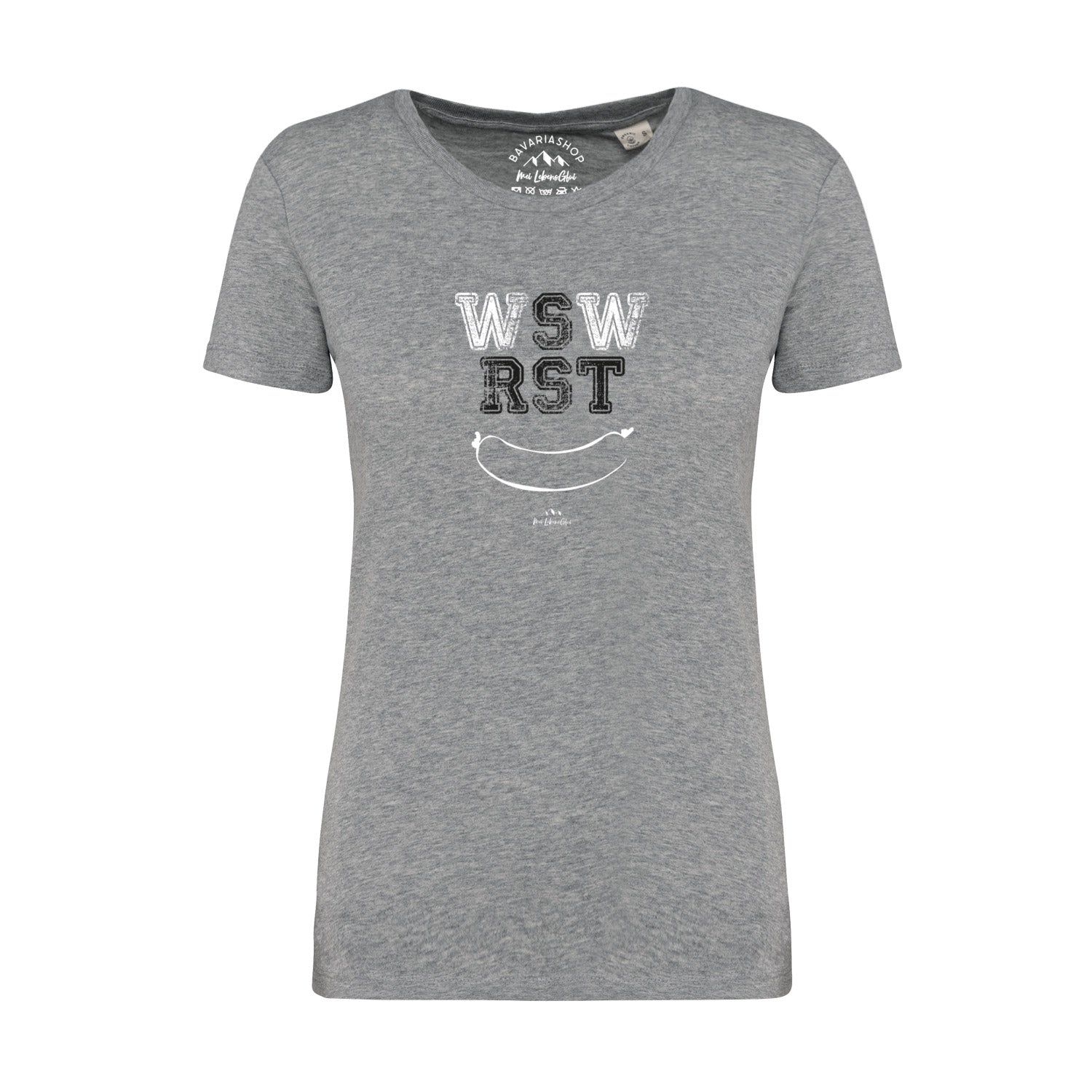 Damen T-Shirt in Grau meliert mit weißem WSWRST-Schriftzug, Rundhalsausschnitt, aus 100 % Bio-Baumwolle.