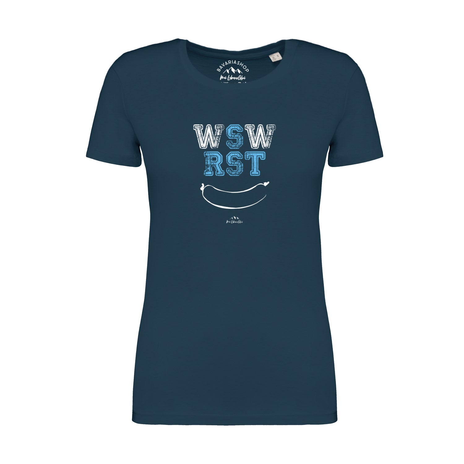 Damen T-Shirt in Pfauenblau mit weißem WSWRST-Schriftzug aus 100 % Bio-Baumwolle, klassischer Schnitt.