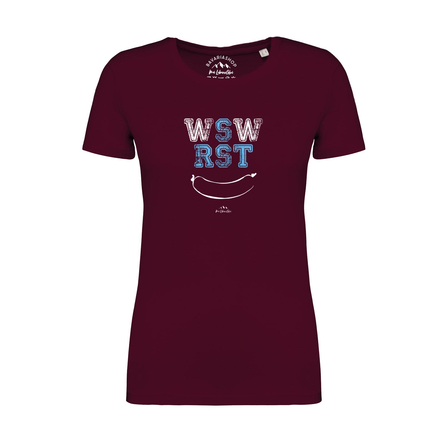 Damen T-Shirt in Weinrot mit weißem „WSWRST“-Schriftzug, kurzärmelig, Rundhalsausschnitt, 100 % Bio-Baumwolle.