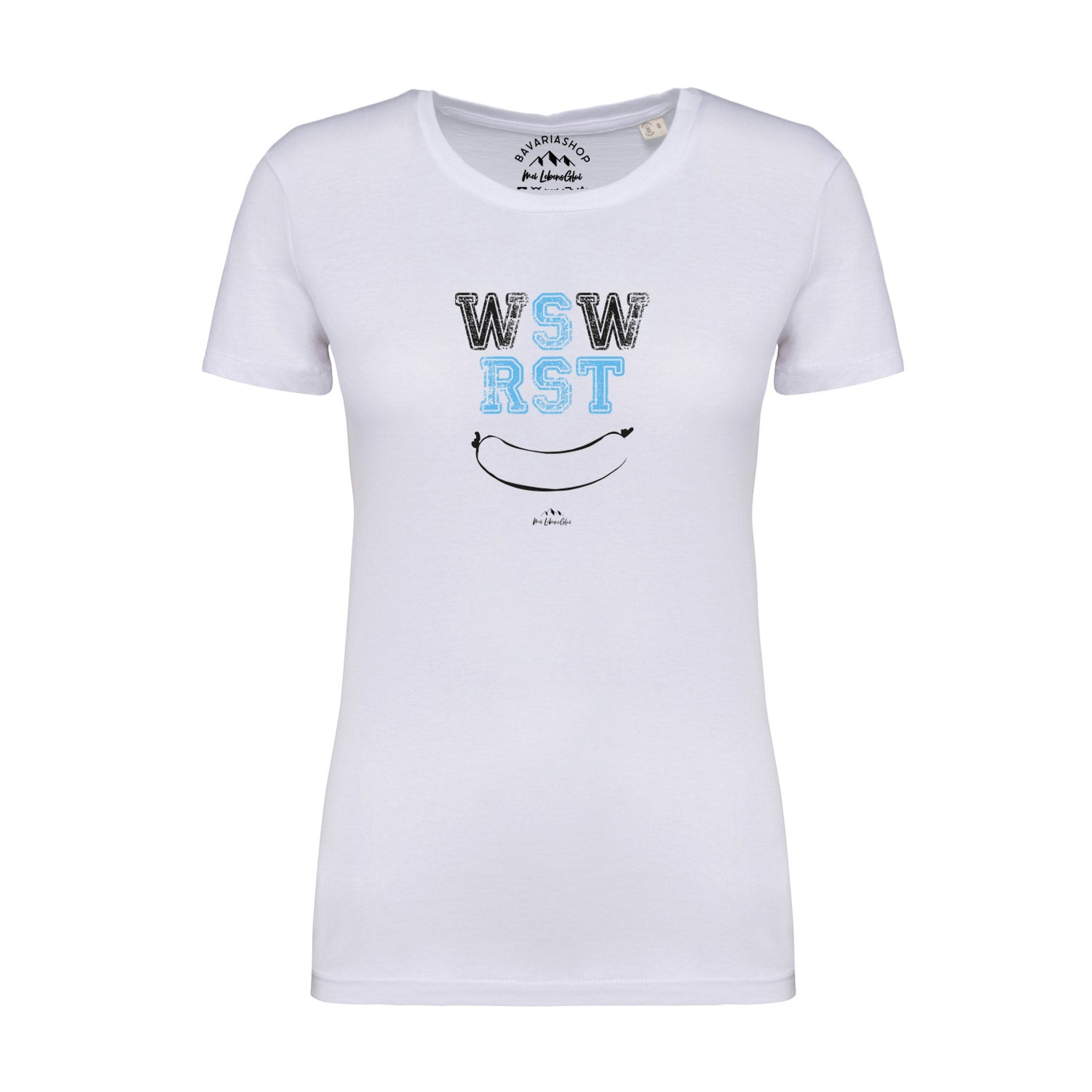 Weißes Damen-T-Shirt mit geradem Schnitt, schwarzem Schriftzug „WSWRST“, aus 100 % Bio-Baumwolle.