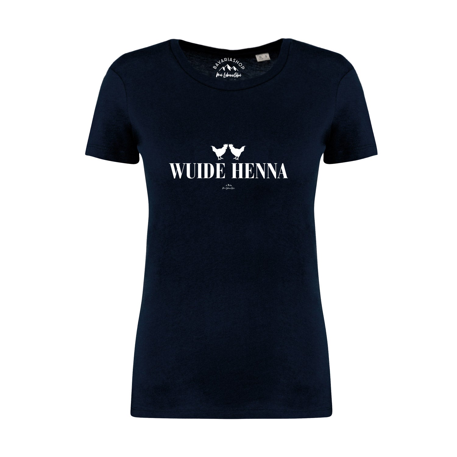 Dunkelblaues Damen-T-Shirt mit weißem "Wuide Henna"-Schriftzug, Rundhals, 100 % Bio-Baumwolle, Digitaldruck.