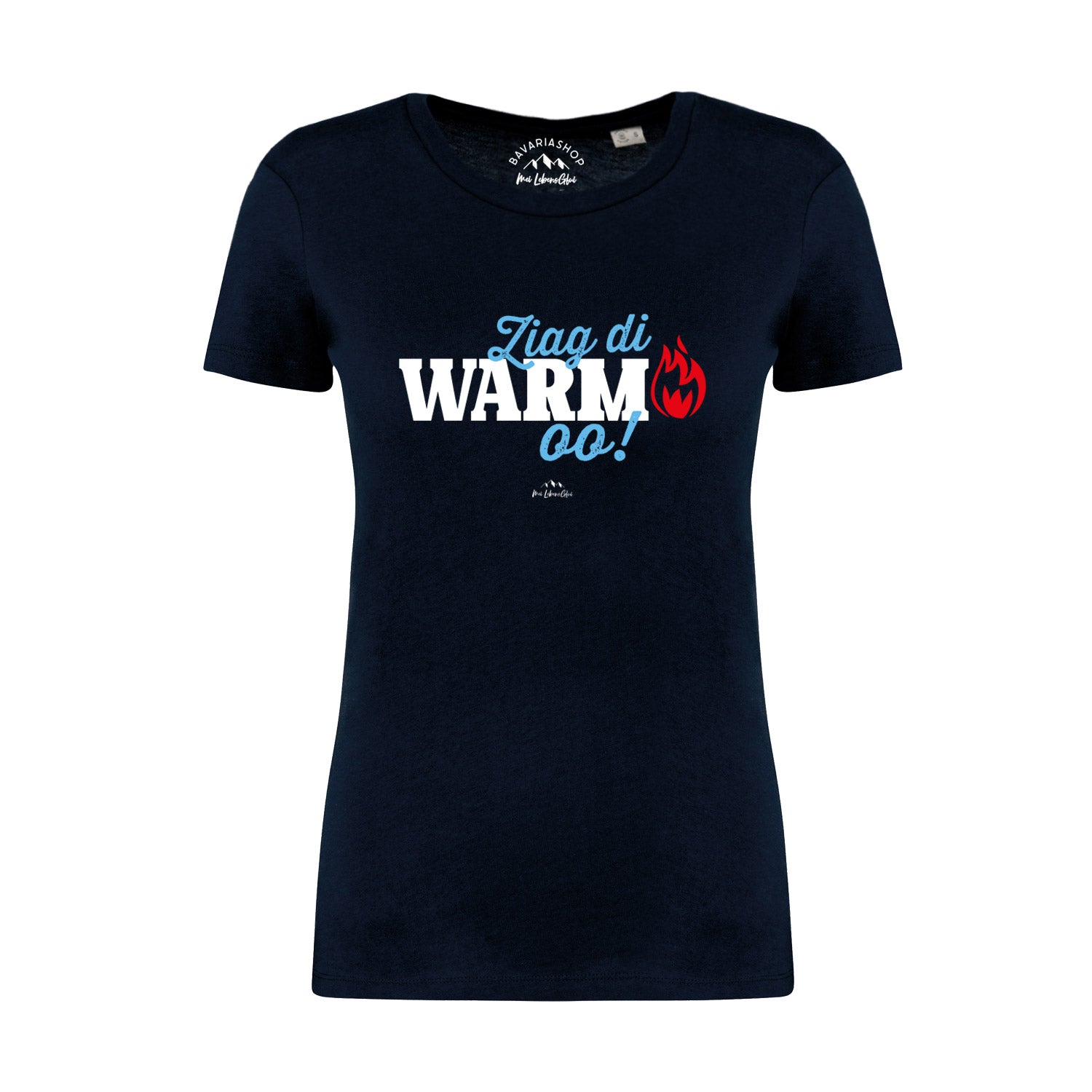 Dunkelblaues Damen-T-Shirt aus Bio-Baumwolle mit weißem Mundart-Schriftzug „Ziag di warm oo!“ auf der Brust.