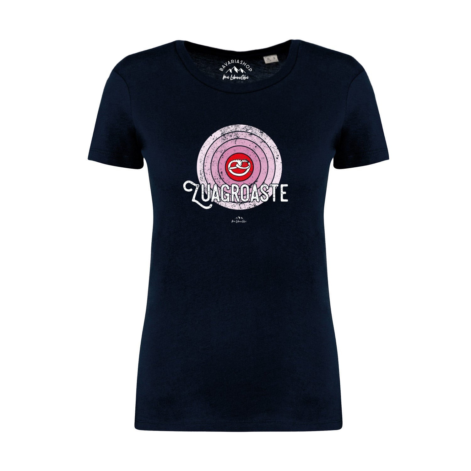 Dunkelblaues Damen-T-Shirt mit weißem „Zuagroaste“-Schriftzug, Rundhalsausschnitt, 100 % Bio-Baumwolle.