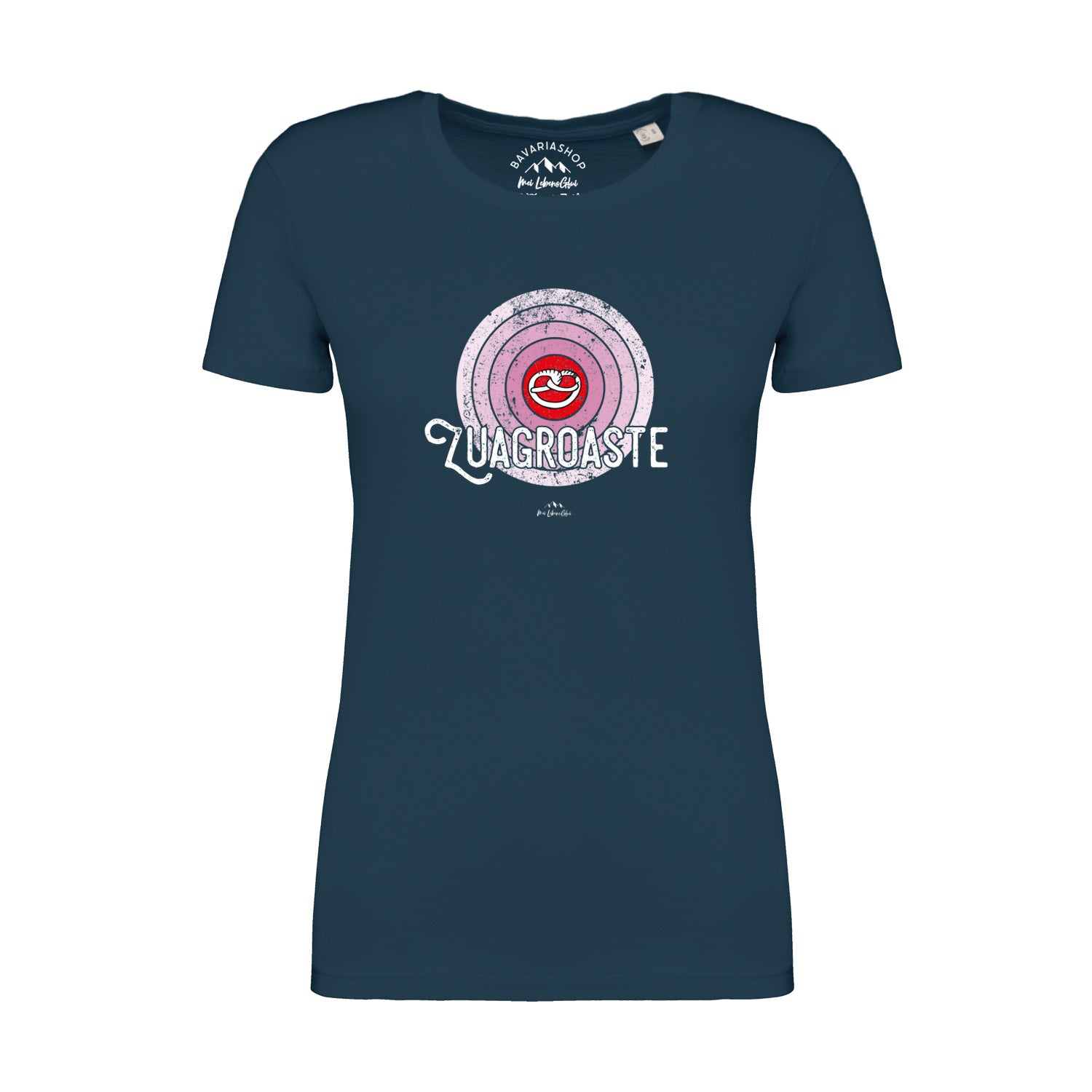 Pfauenblaues Damen T-Shirt mit weißem Aufdruck „Zuagroaste“ in klarer Schrift aus 100 % Bio-Baumwolle.