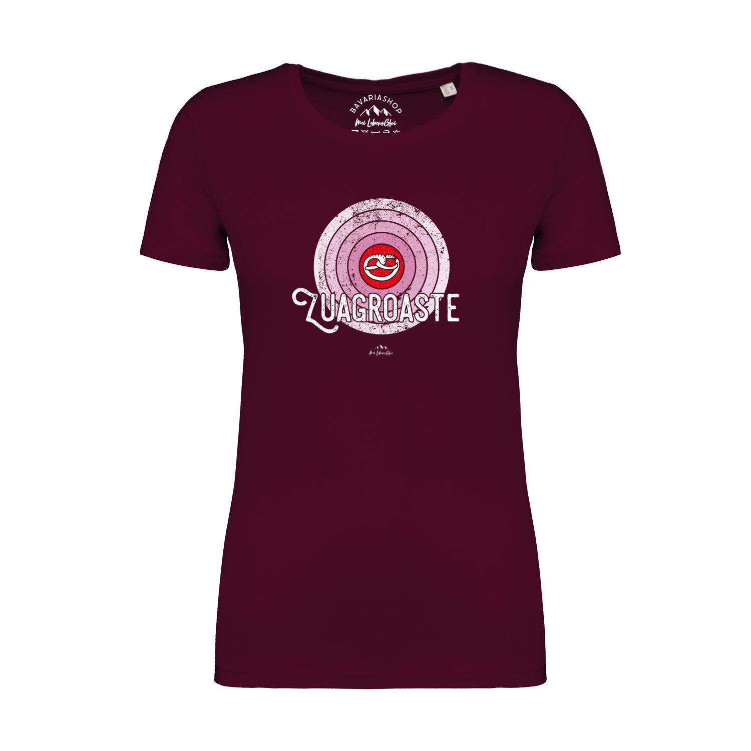 Weinrotes Damen-T-Shirt mit weißem Frontprint „Zuagroaste“, Rundhalsausschnitt, aus 100 % Bio-Baumwolle.