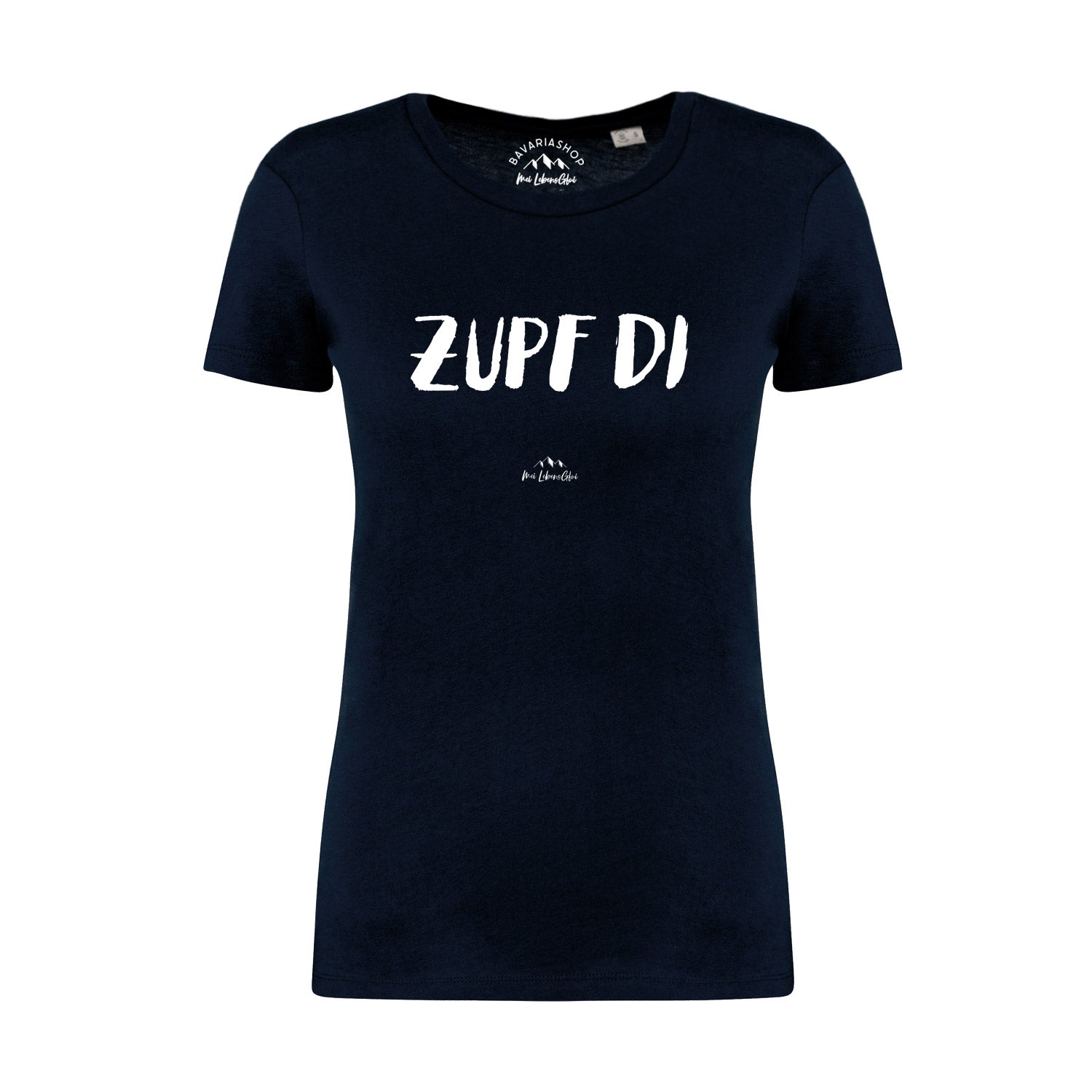 Damen T-Shirt mit „Zupf di“ Schriftzug vorne, aus Bio-Baumwolle, digital bedruckt, in Dunkelblau.