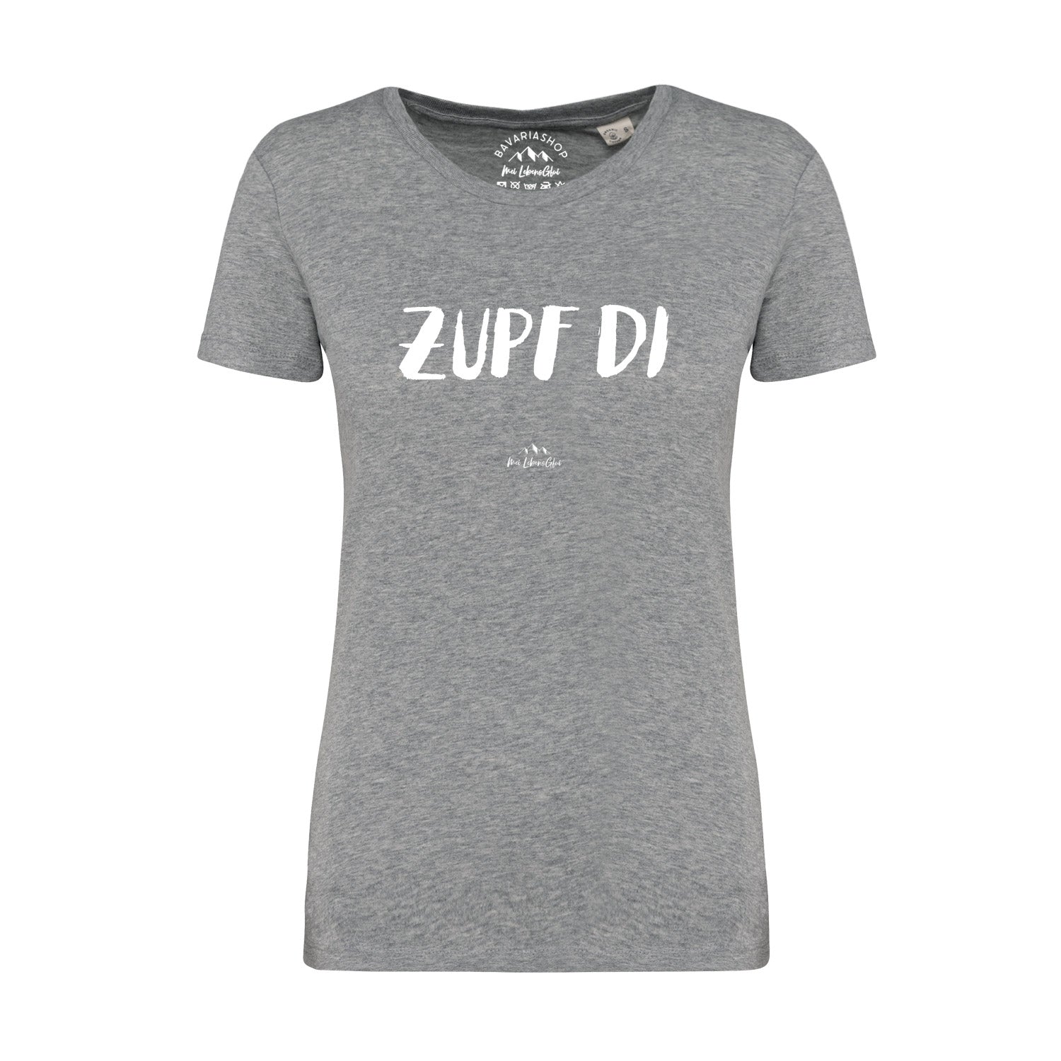 Damen T-Shirt mit „Zupf di“-Schriftzug auf der Brust, runder Halsausschnitt, aus 100 % Bio-Baumwolle, grau meliert.