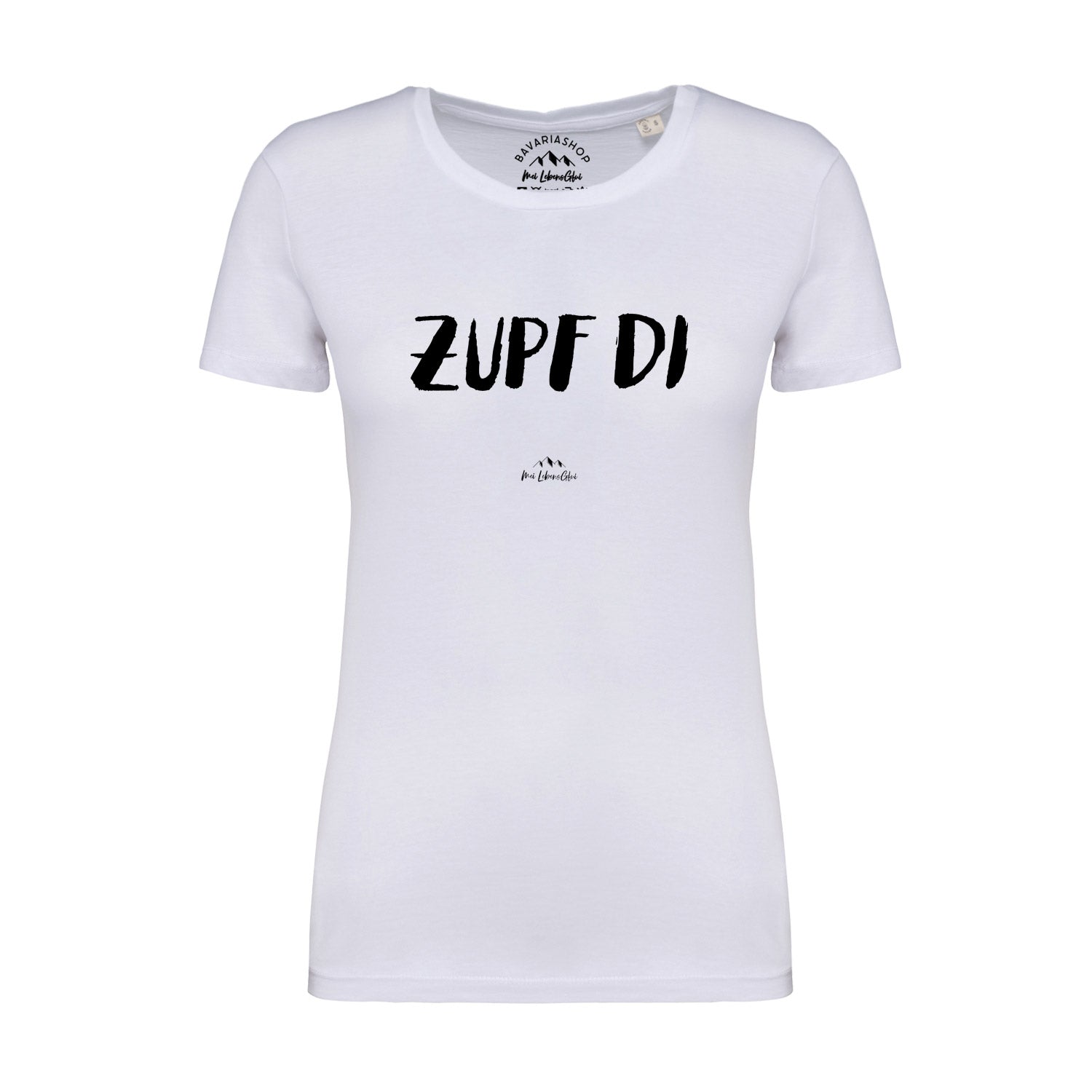 Damen T-Shirt mit bayerischem Schriftzug „Zupf di“, Rundhals, 100 % Bio-Baumwolle, glatte Stoffstruktur.