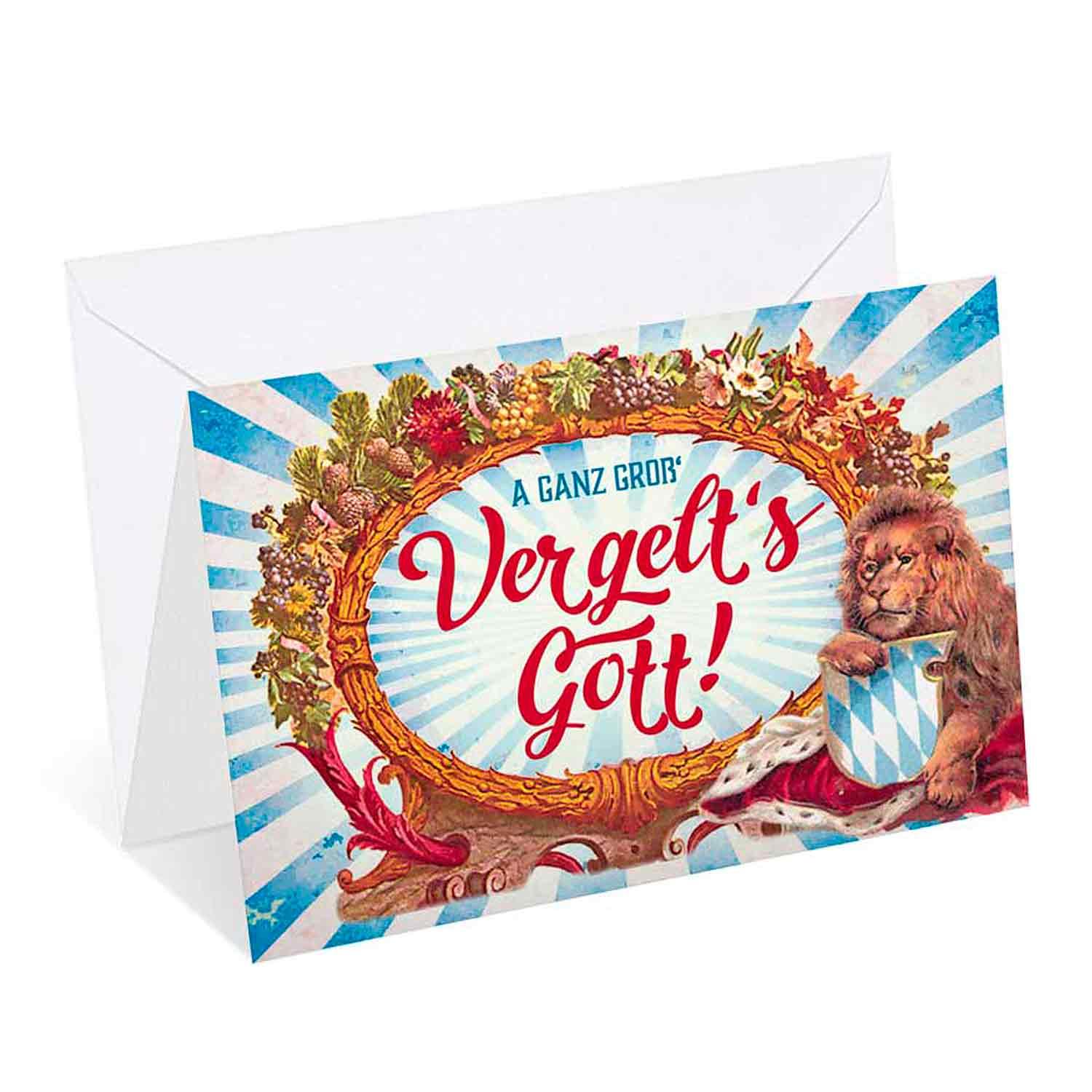 Doppelseitige Dankeskarte mit dem Schriftzug „Vergelt’s Gott“, floralem Muster und goldfarbenem Glitzereffekt, inkl. weißem Kuvert.