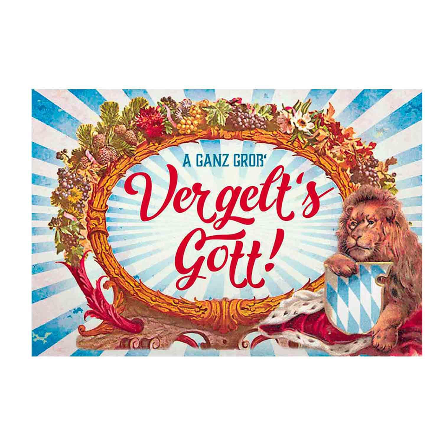 Doppelkarte mit bayerischem Motiv, Schriftzug „Vergelt's Gott“, Glittereffekt, inkl. weißem Kuvert.