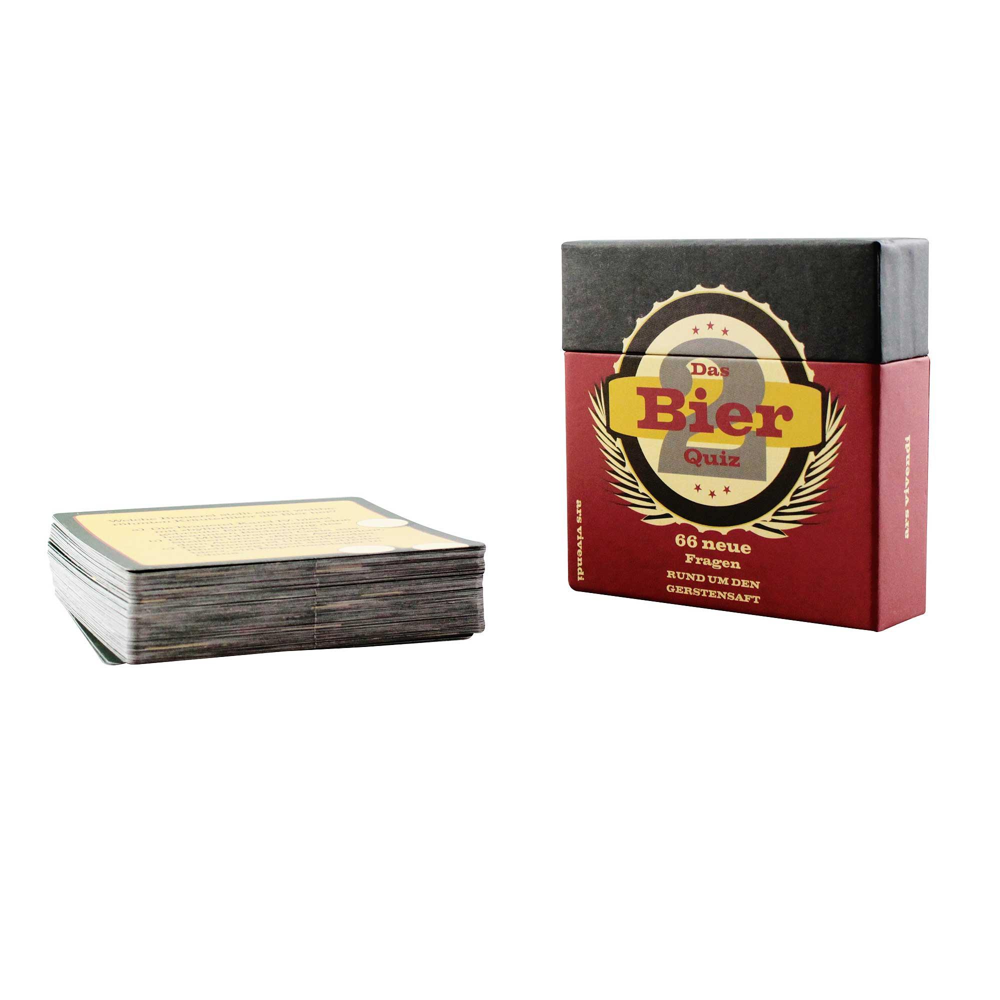 Quizspiel mit 66 Spielkarten rund ums Thema Bier, kompakt verpackt, mit gelbem Kartendesign und schwarzem Aufdruck.