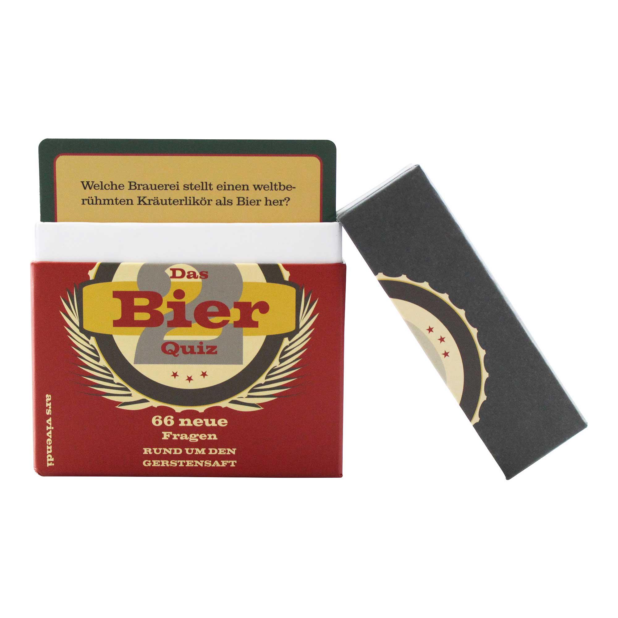 Bier-Quizspiel mit 66 Spielkarten, abgerundete Ecken, gelbes Kartenset mit schwarzer Schrift und Biermotiven.