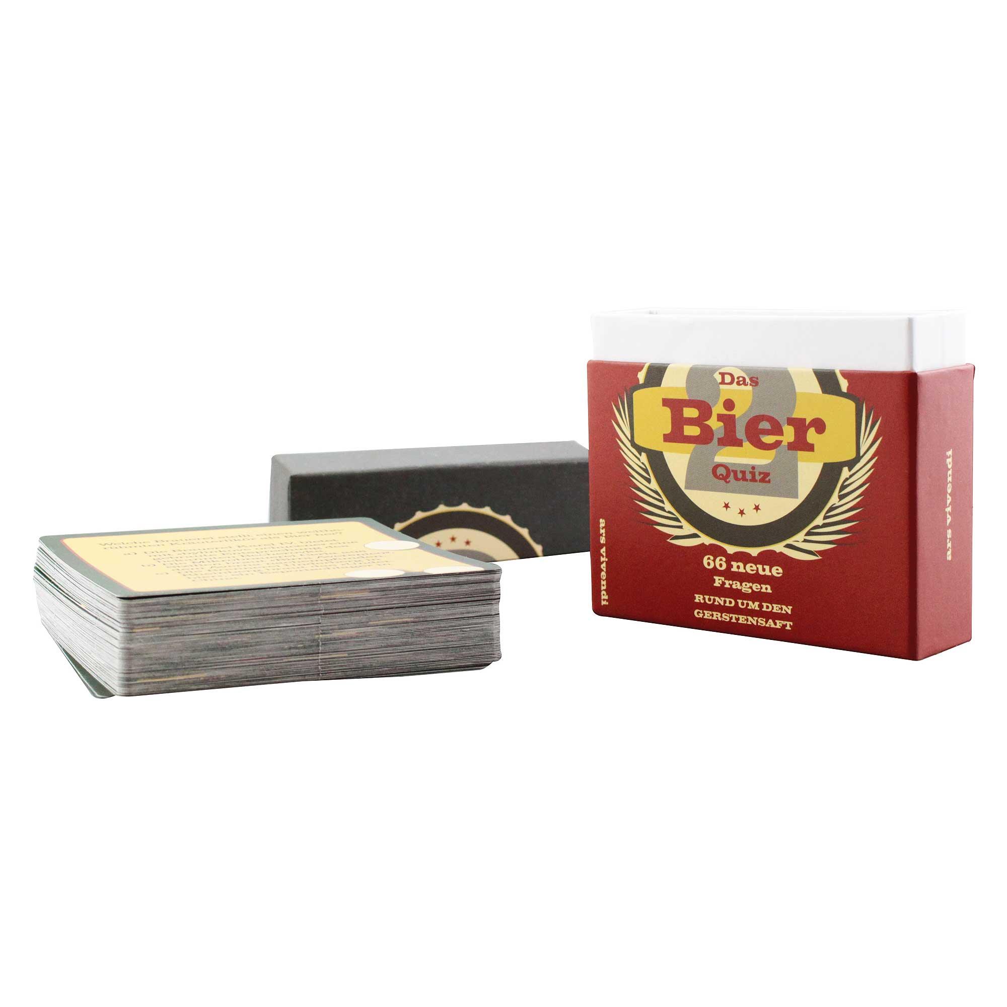 Bier-Quizspiel mit 66 Spielkarten in Kartenbox, unterhaltsame Fragen rund ums Bier, mehrfarbig gestaltet.