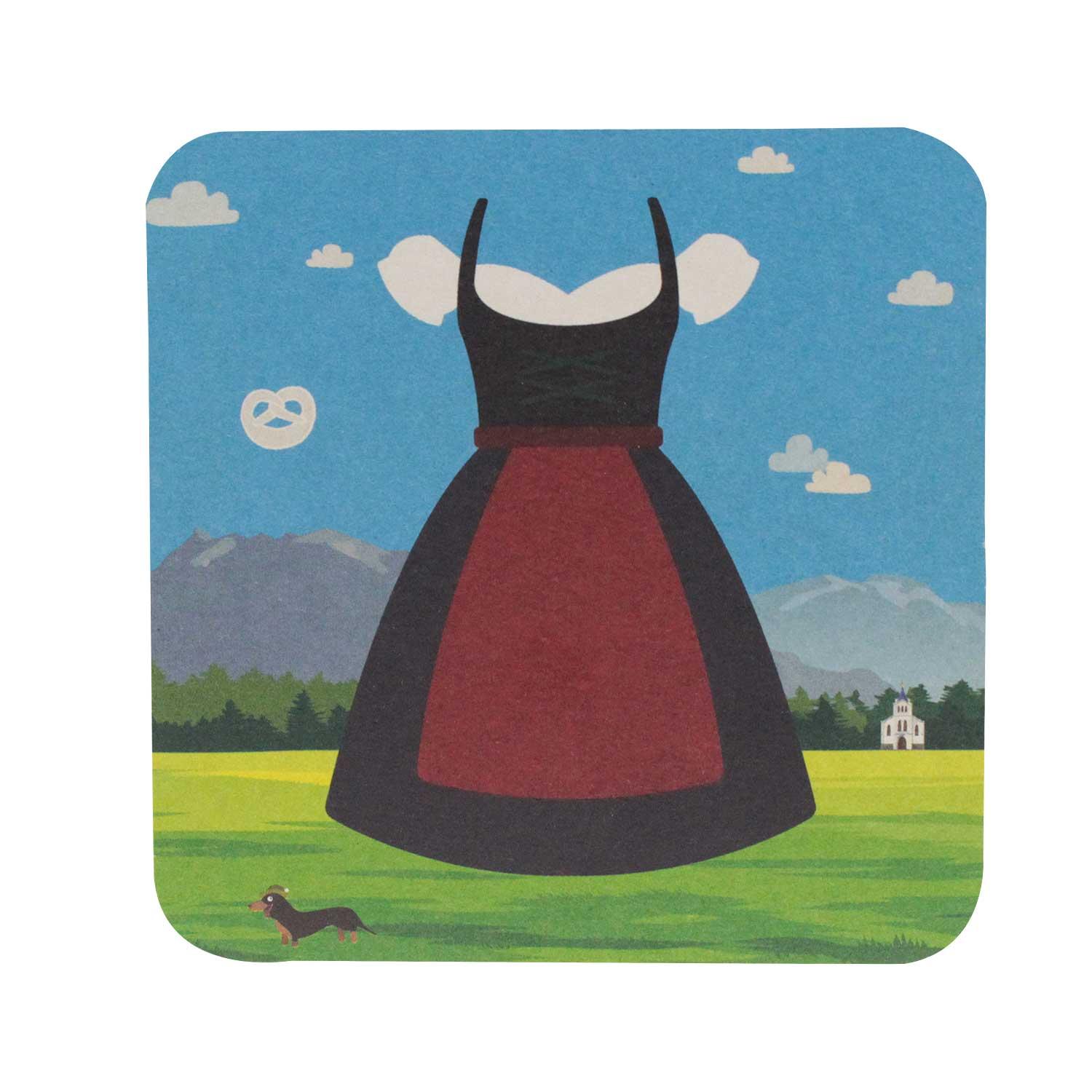 Runder Bierdeckel aus Pappe mit Dirndl-Motiv vorne, Lederhosen-Motiv hinten, hochwertig bedruckt, 93×93 mm, 20 Stück.