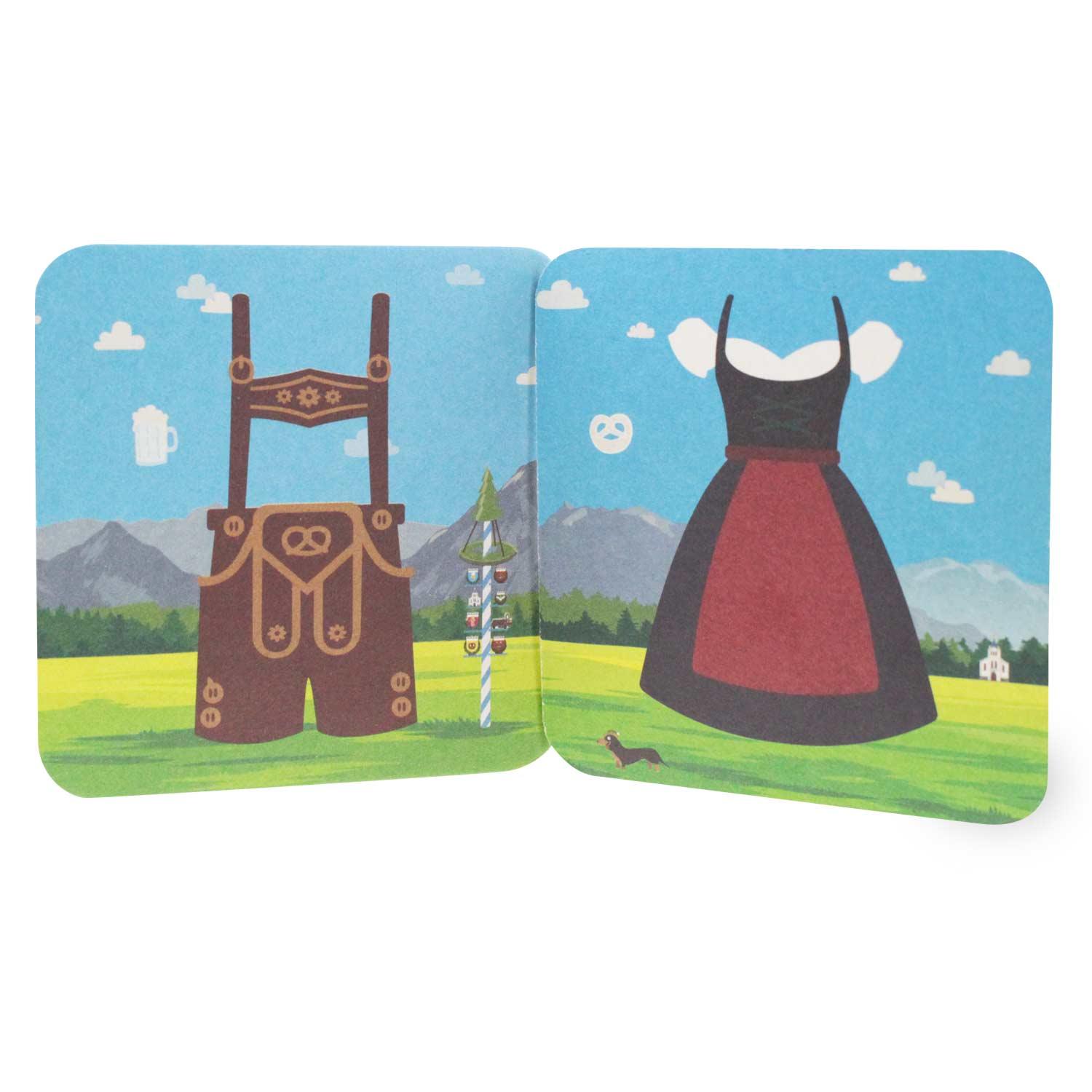 Quadratische Bierdeckel mit Dirndl-Motiv auf der Vorderseite und Lederhosen-Motiv auf der Rückseite, 20 Stück, 93×93 mm.