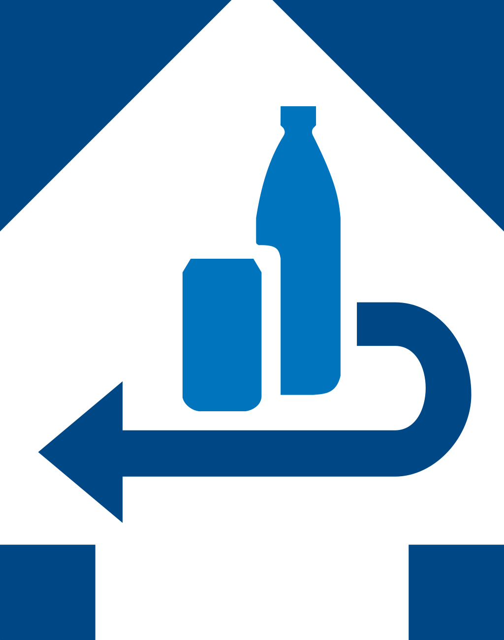 Blaues Piktogramm für Pfand (0,50 €) mit Flasche, Dose und Rückwärtspfeil für Leergutrückgabe.