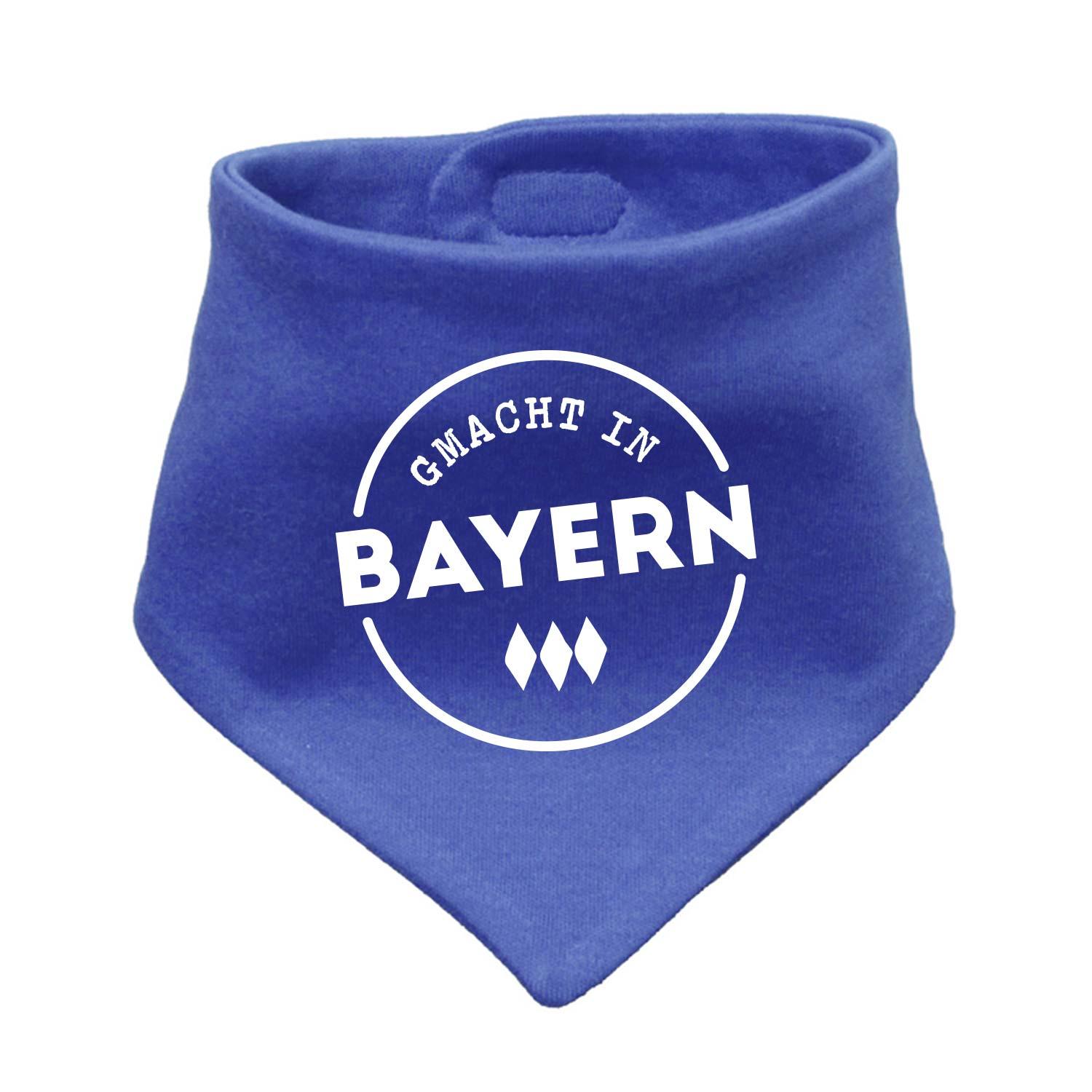 Blaues Babyhalstuch "Gmacht in Bayern" mit weißem Schriftzug und bayerischer Raute als süßes Accessoire.