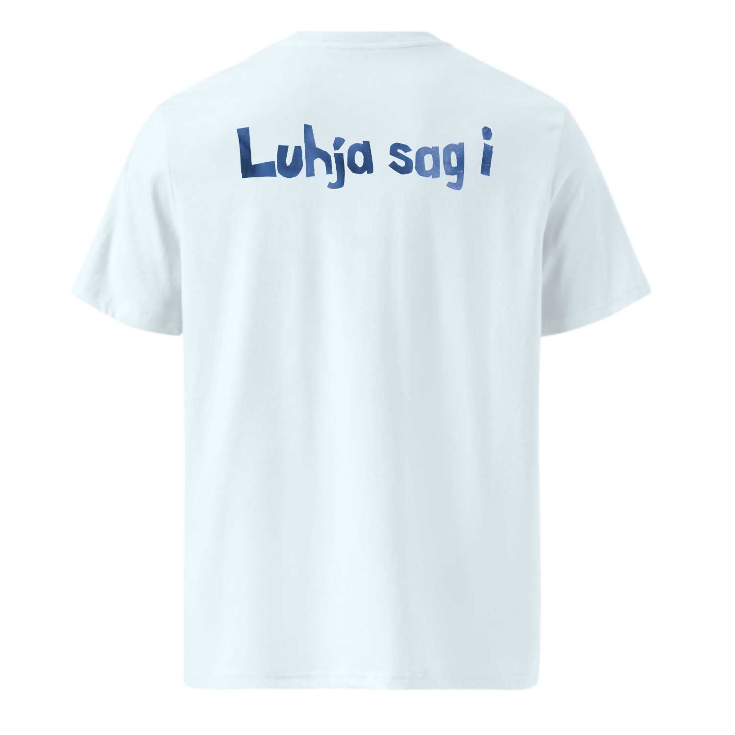 Rückenansicht vom weißen Engel Aloisius Herren T-Shirt A Bier sag i mit blauem Aufdruck Luhja sag i