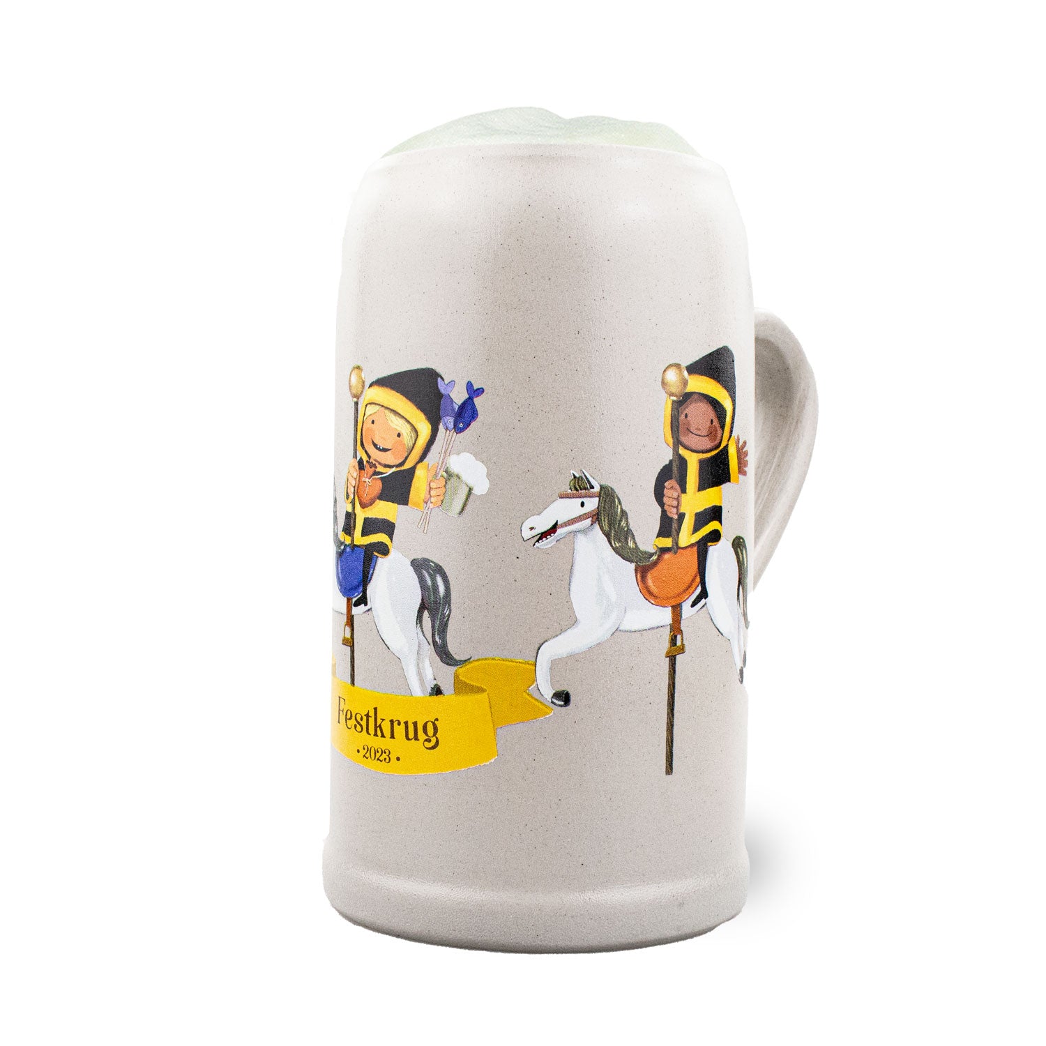 Limitierter Sammlerkrug 2023 aus Steingut mit präzisem Ornamentdruck und Metallbügeldeckel, 1,0 Liter.