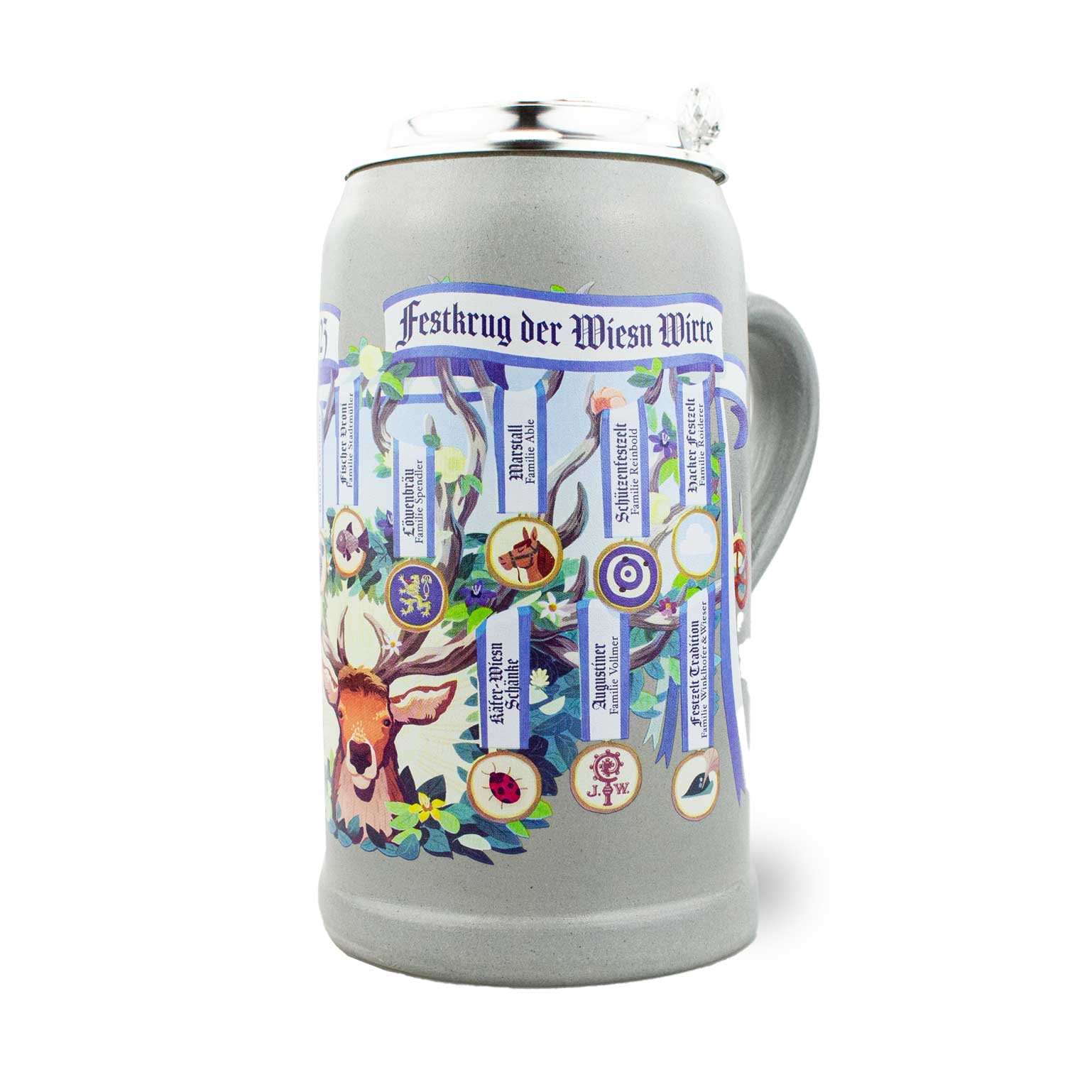 Wiesn Wirtekrug 2023 aus Steingut mit Zinndeckel, farbigem Motiv und nummeriertem Boden, 1,0 Liter.