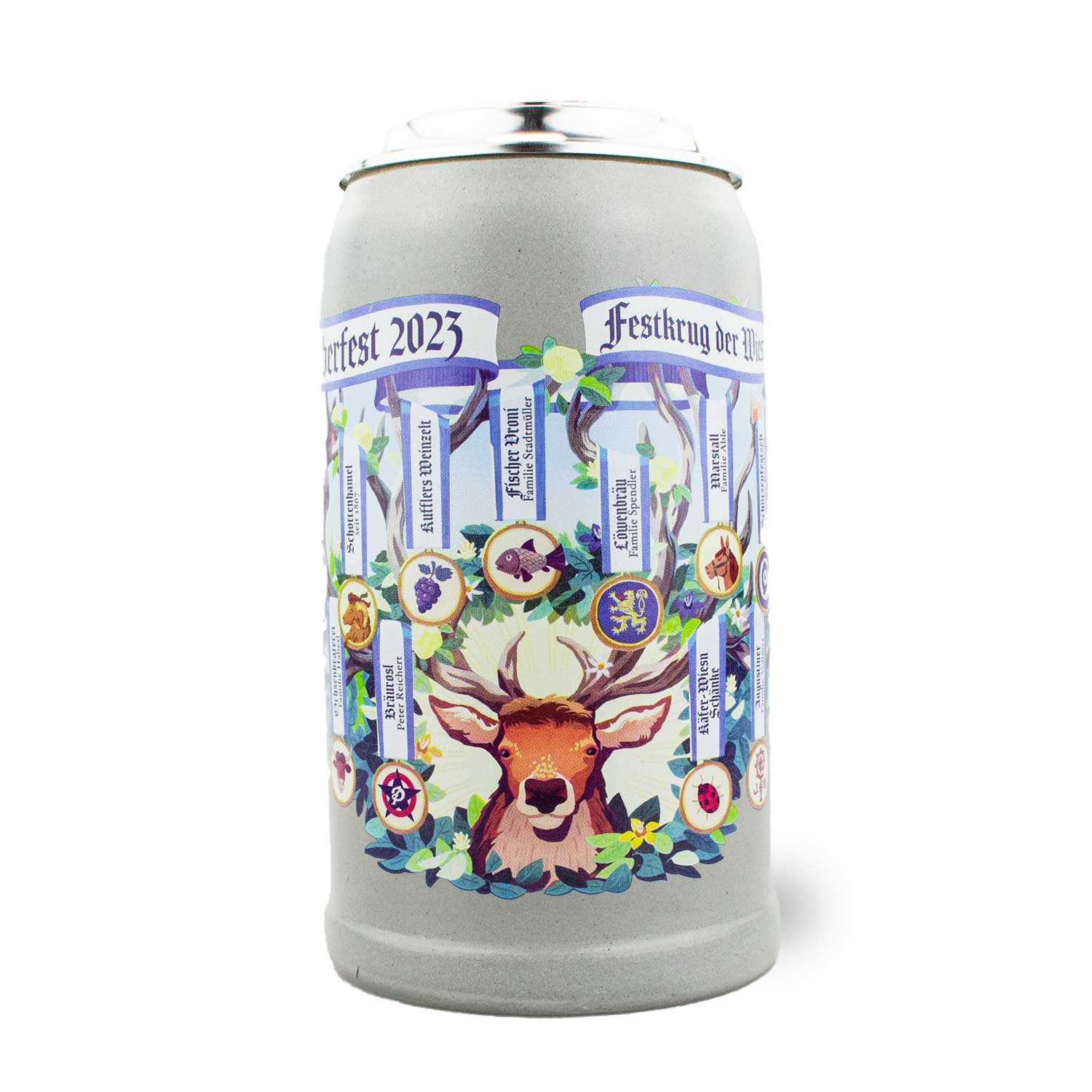 Oktoberfest Steinkrug 2023 mit detailliert gestaltetem Zinndeckel, Motivdruck, 1,0 Liter, nummerierter Boden.