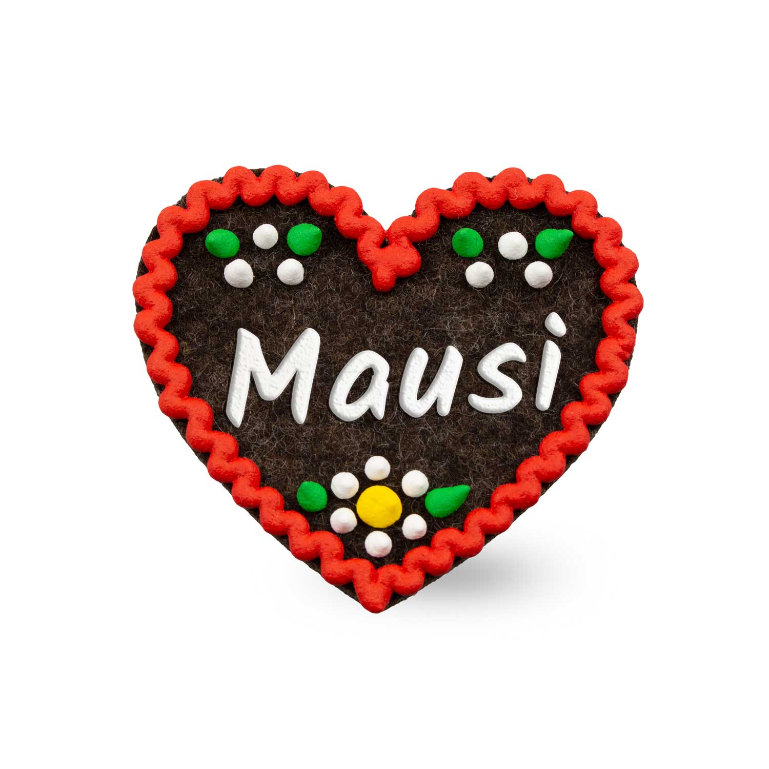 Herzförmiger Filz-Anstecker mit aufgesticktem Schriftzug „Mausi“ und Sicherheitsverschluss auf der Rückseite; ca. 6,5 x 7 cm, 3 mm dick.