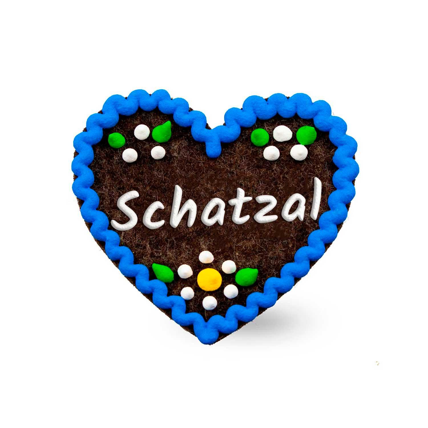 Filzherz-Anstecker in Herzform mit gesticktem Schriftzug „Schatzal“, Sicherheitsnadel auf Rückseite, ca. 6,5 x 7 cm, 3 mm dick.