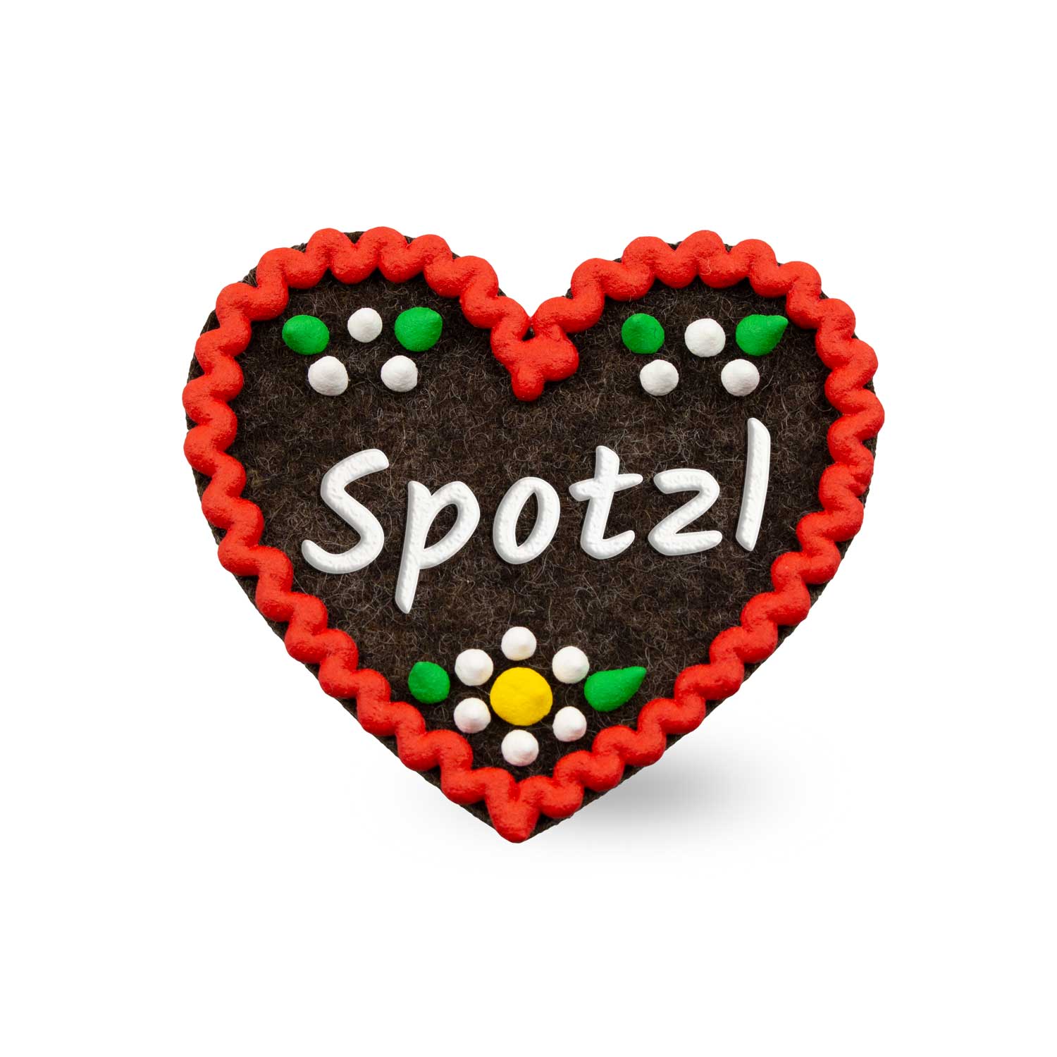 Herzförmiger Filz-Anstecker mit aufgesticktem Schriftzug „Spotzl“, Sicherheitsnadel auf der Rückseite, ca. 6,5 x 7 cm.