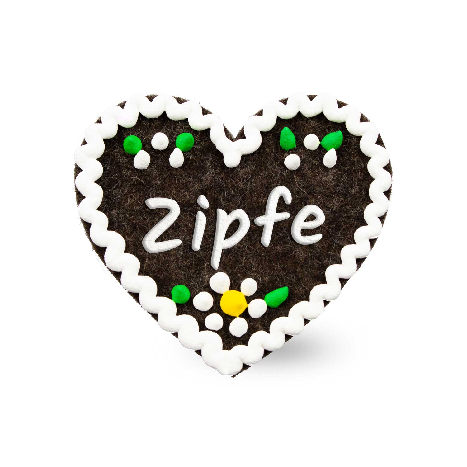 Herzförmiger Filz-Anstecker mit gesticktem Schriftzug „Zipfe“, Sicherheitsverschluss auf Rückseite, ca. 6,5 x 7 cm.