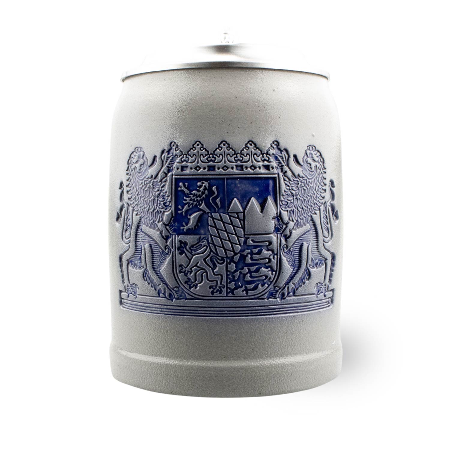 Salzglasierter Steinkrug mit Zinndeckel, personalisierter Gravur „Freistaat Bayern“, 0,5 l, blaue Schrift.