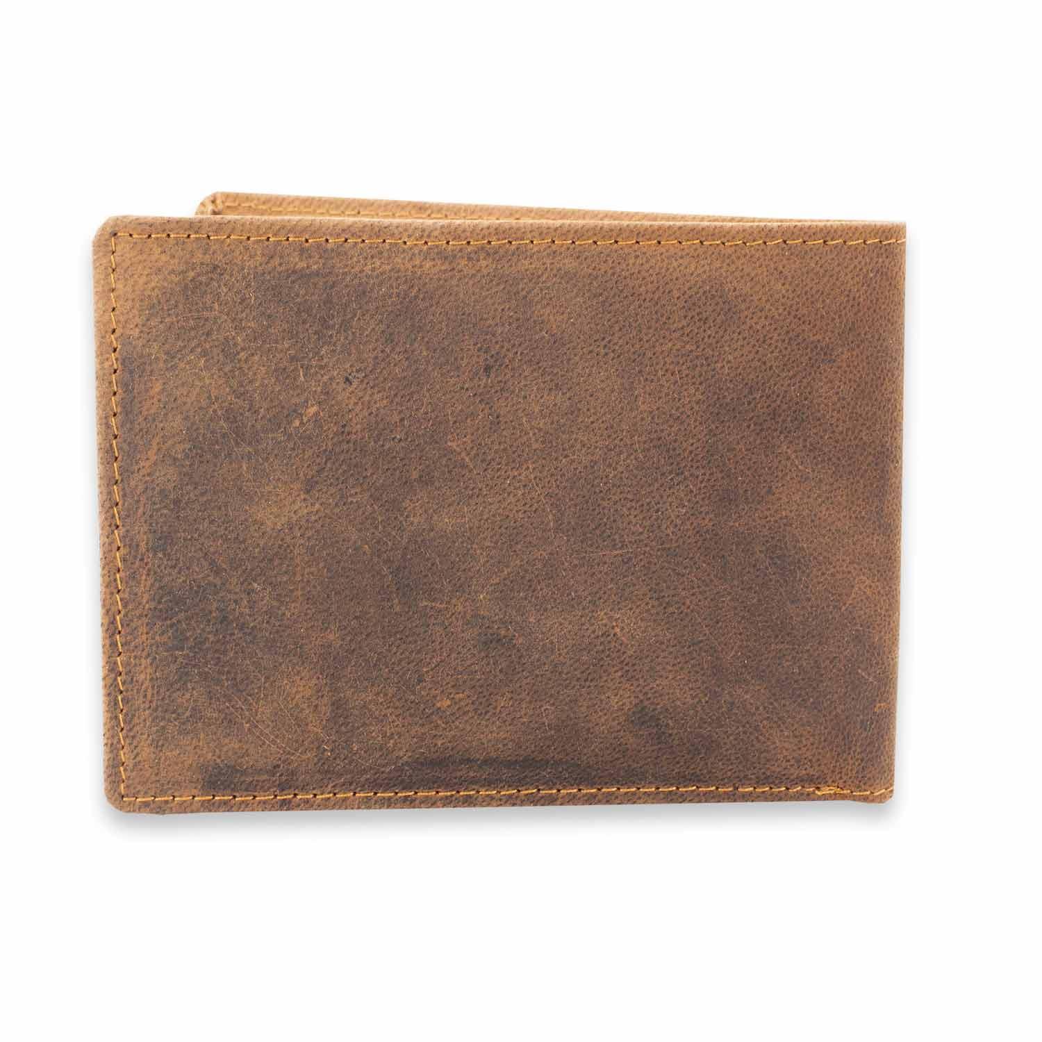 Braune Leder-Geldbörse im Querformat mit geprägtem Aufdruck „Bratzn weg! Mei Diredare!“, ca. 13 x 10 cm.