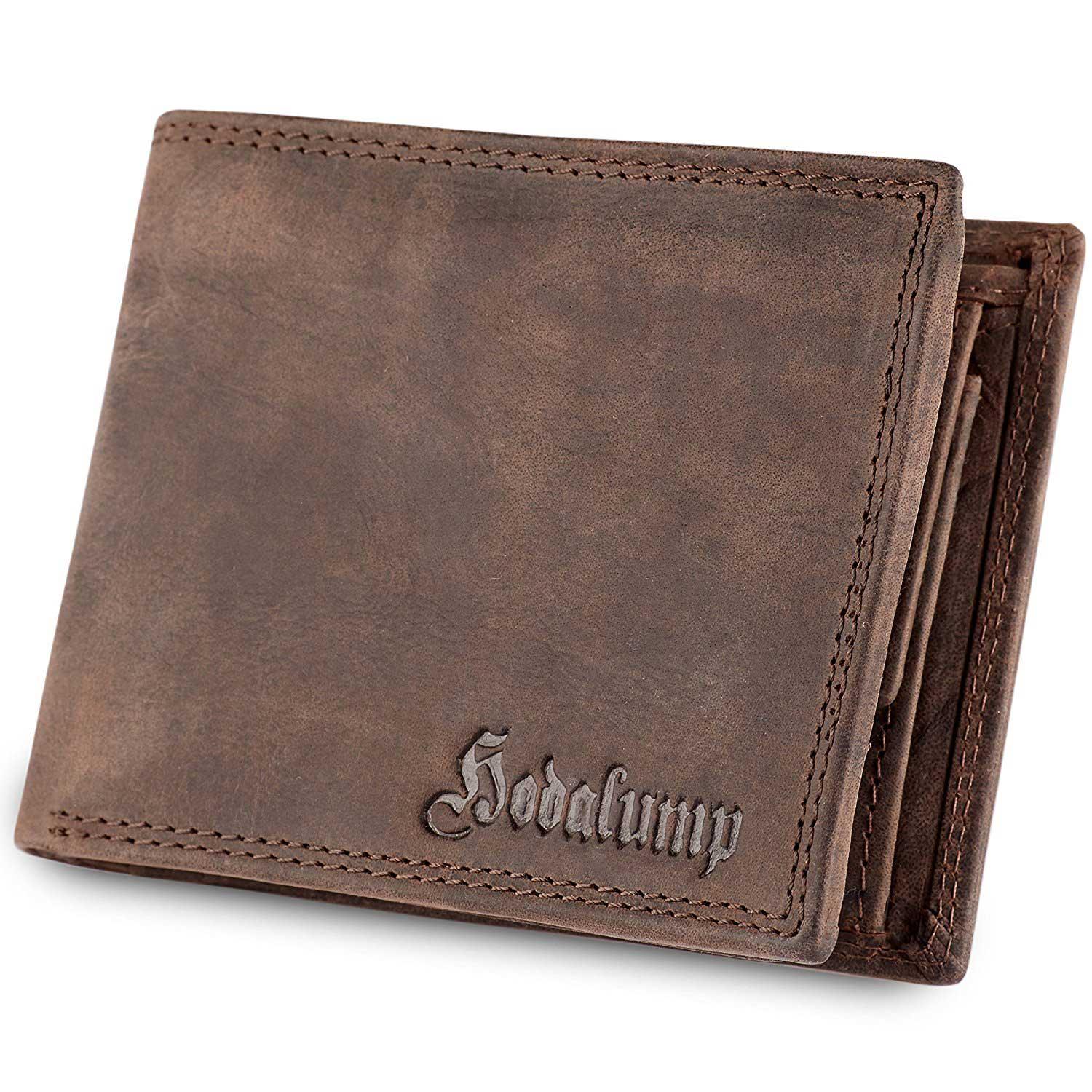 Brauner Leder-Geldbeutel mit geprägtem „Hodalump“-Schriftzug, Scan-Schutz und hochwertiger Verarbeitung